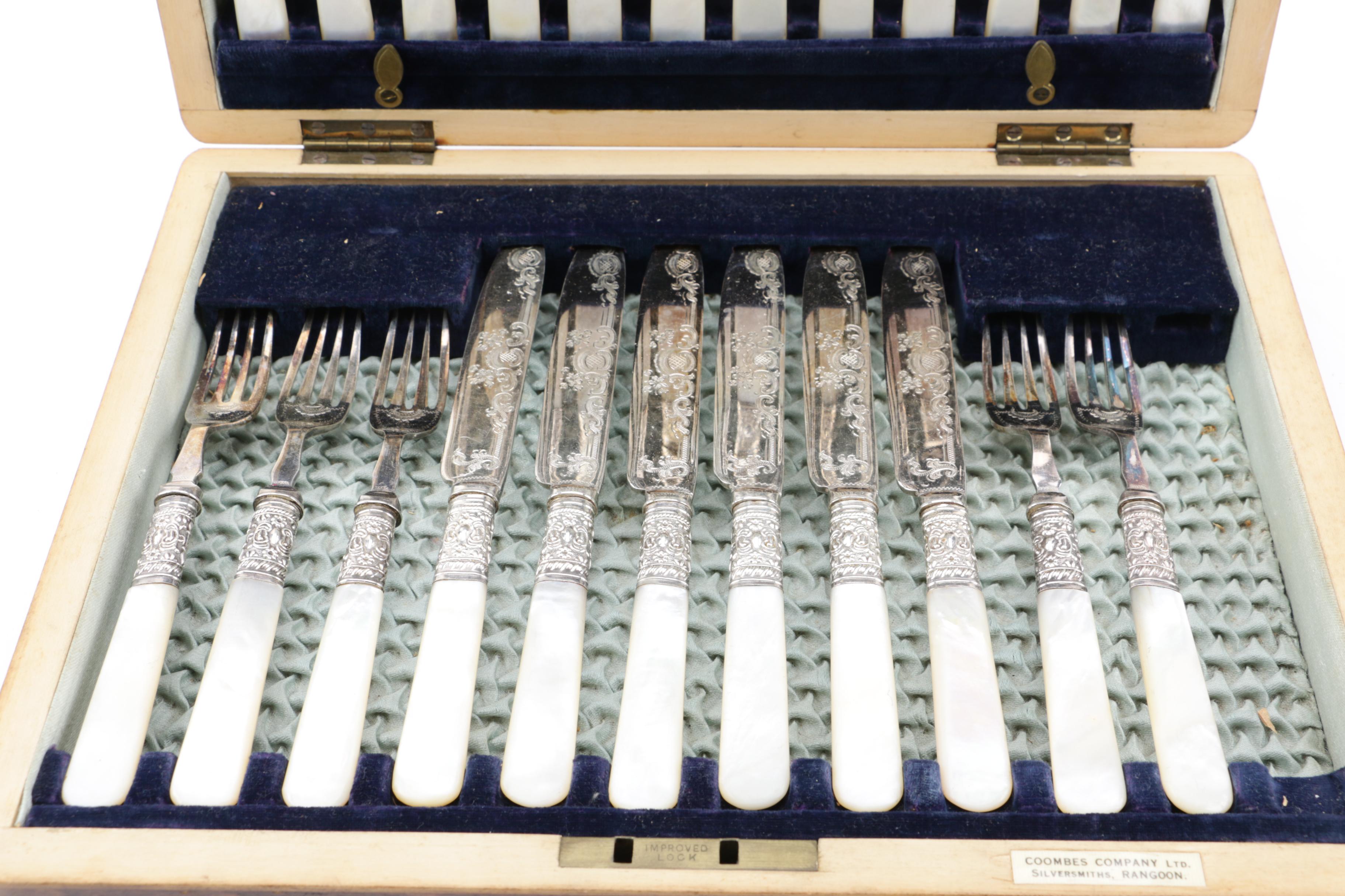 Harrison Fisher & Co. Mother of Pearl and Silver Plate Fork and Knife Set