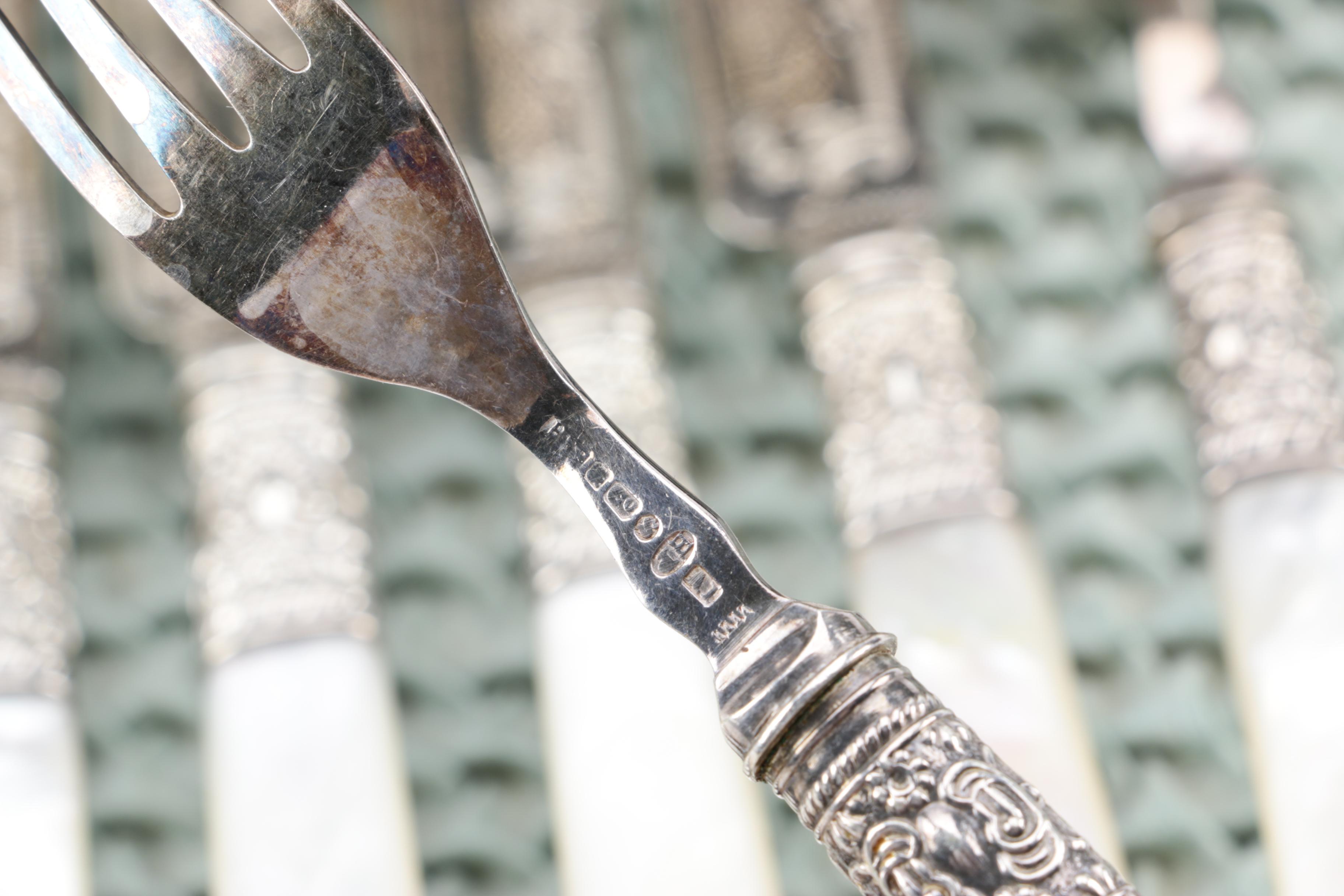 Harrison Fisher & Co. Mother of Pearl and Silver Plate Fork and Knife Set