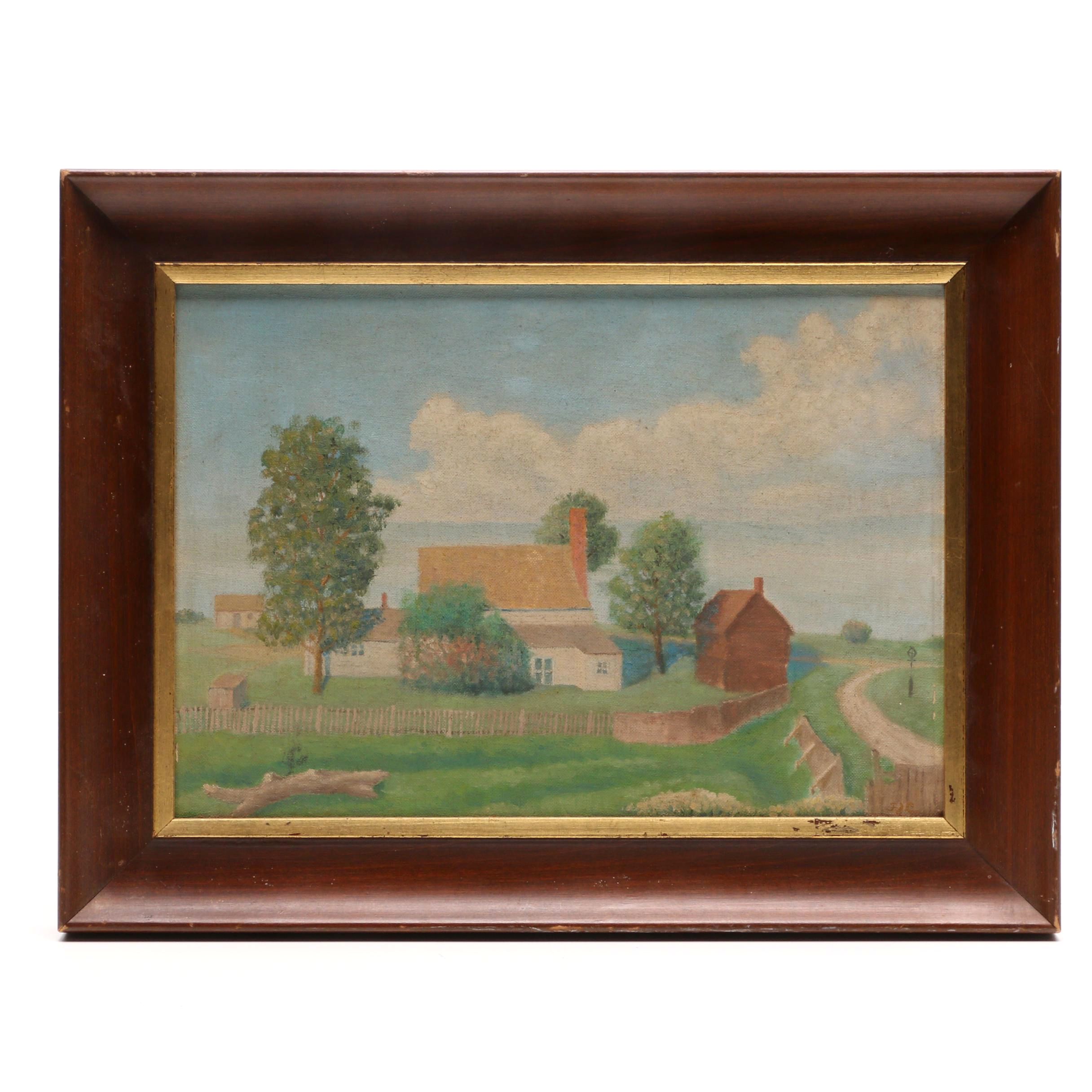 Circa 1930 Oil Farmhouse Landscape Painting
