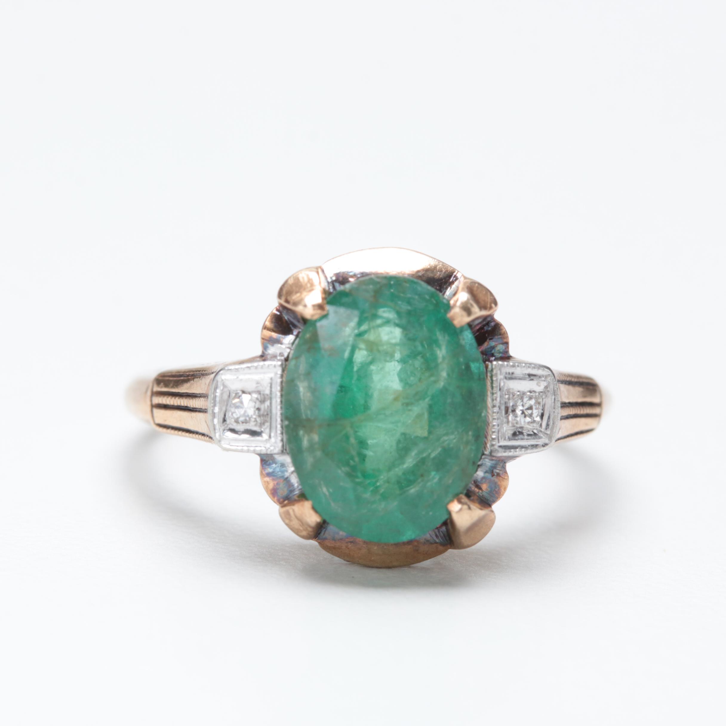 Vintage 10K Yellow Gold 2.62 CT Emerald and Diamond Ring