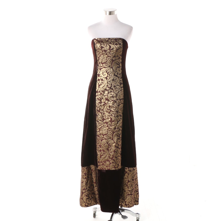 Jessica McClintock Strapless Velveteen and Foliate Brocade Gown
