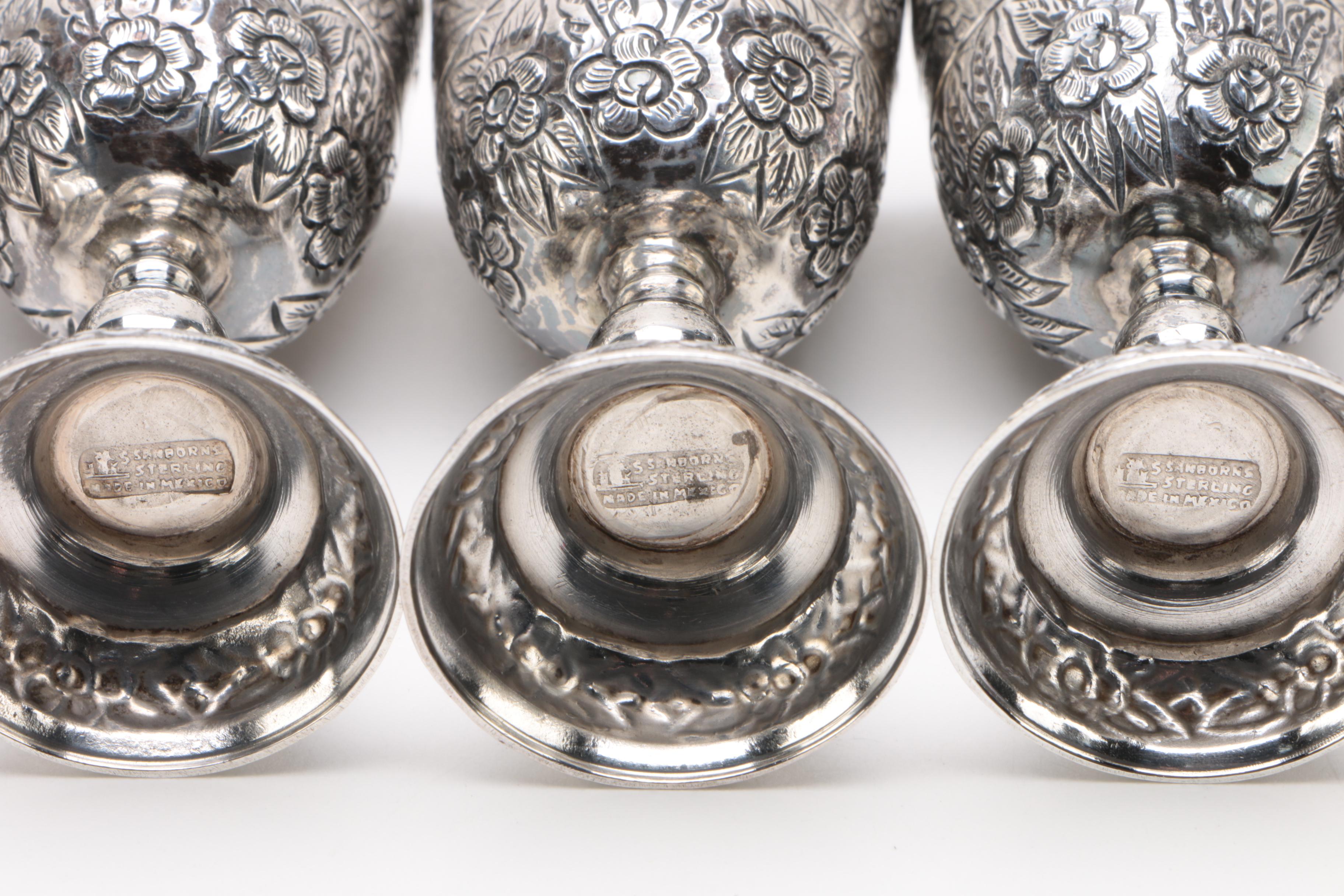 Vintage Sanborns "Aztec Rose" Mexican Sterling Silver Cordial Set