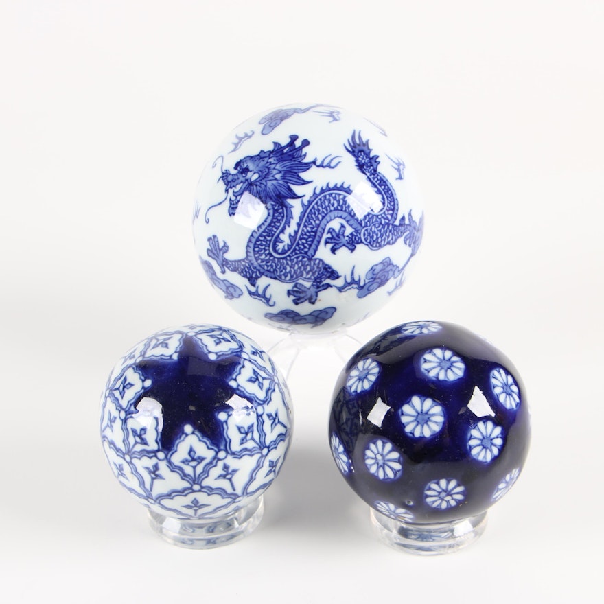 Blue and White Ceramic Spheres including Chinese Dragon Motif