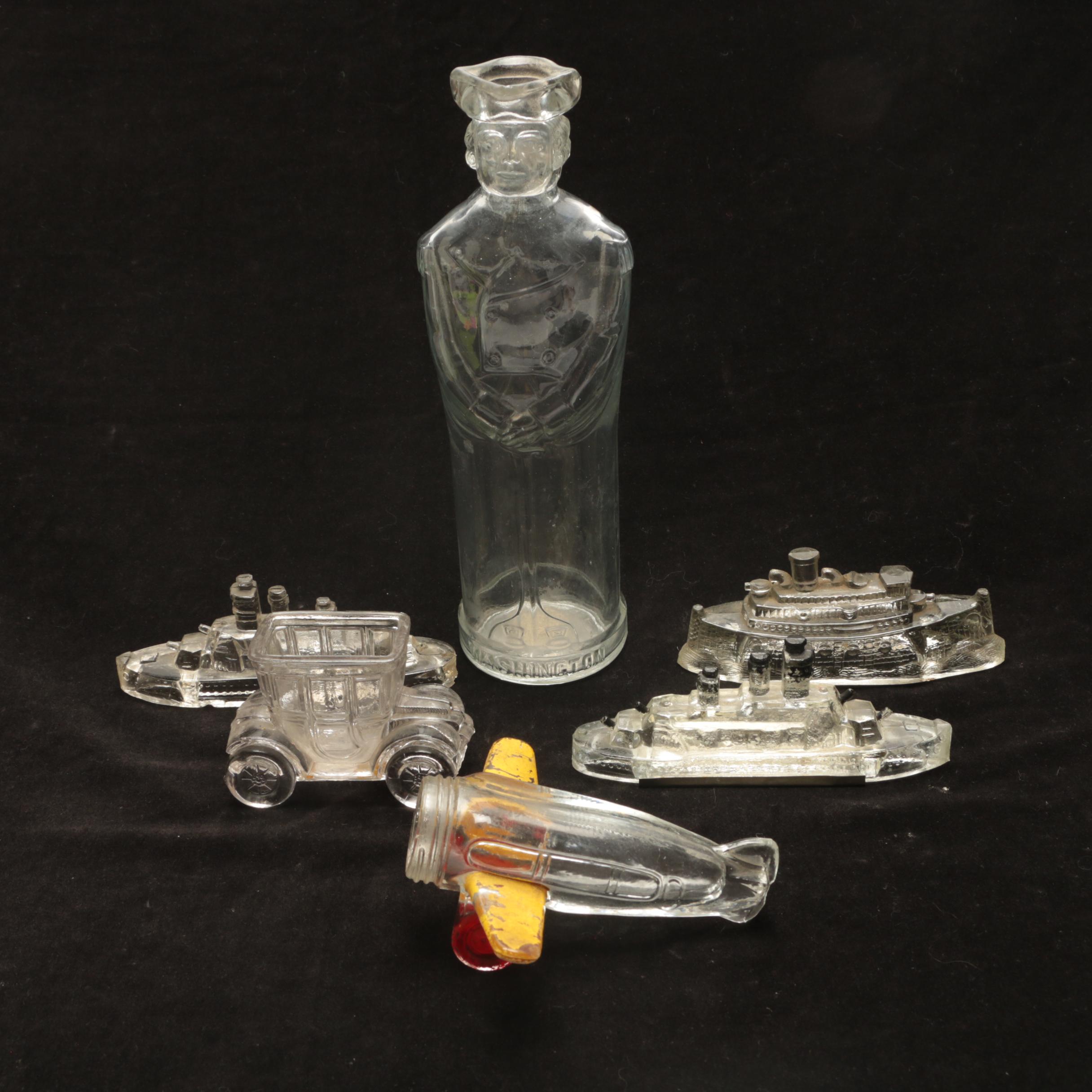 Six Antique and Vintage Glass Candy Containers Including George Washington