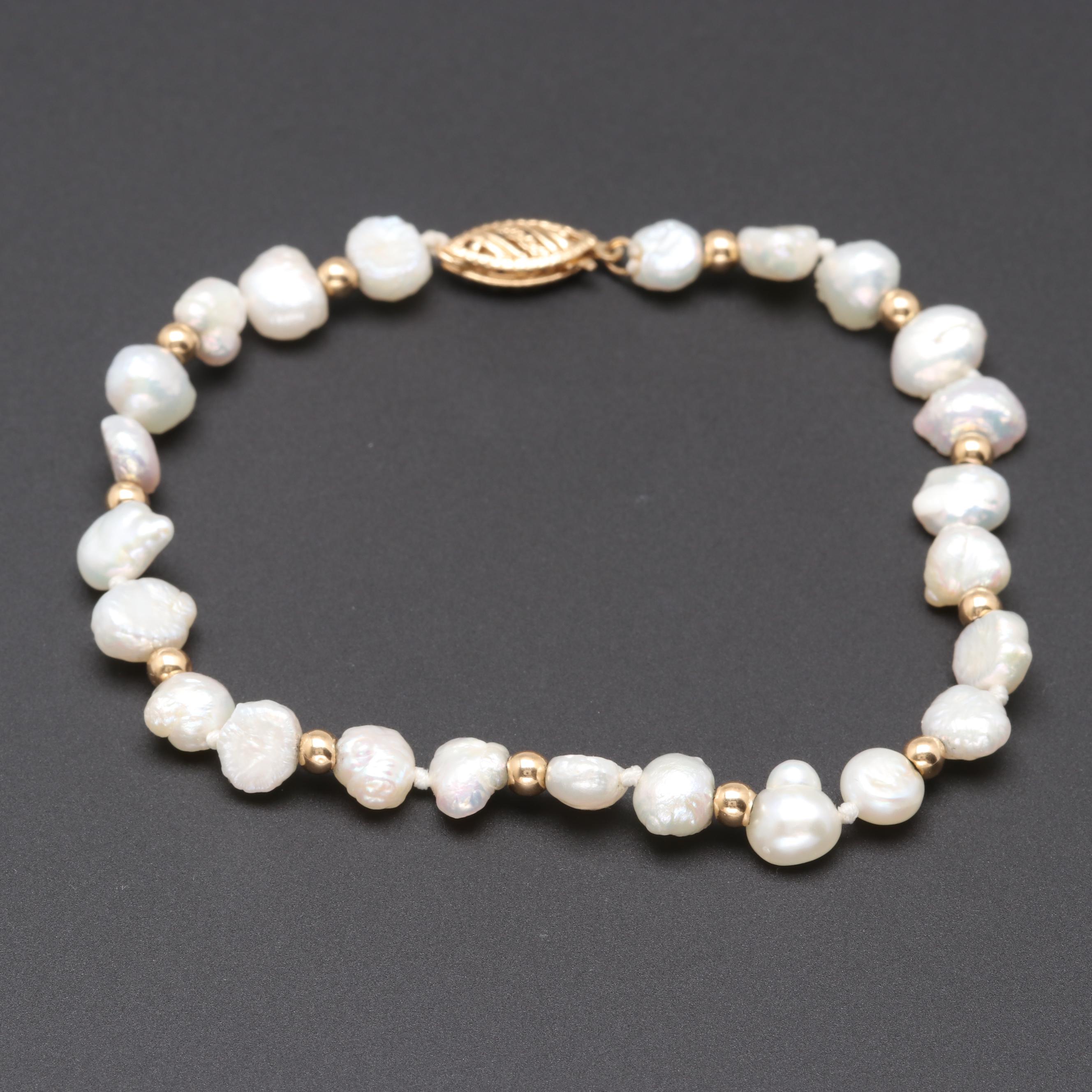 14K Yellow Gold Cultured Pearl Bracelet