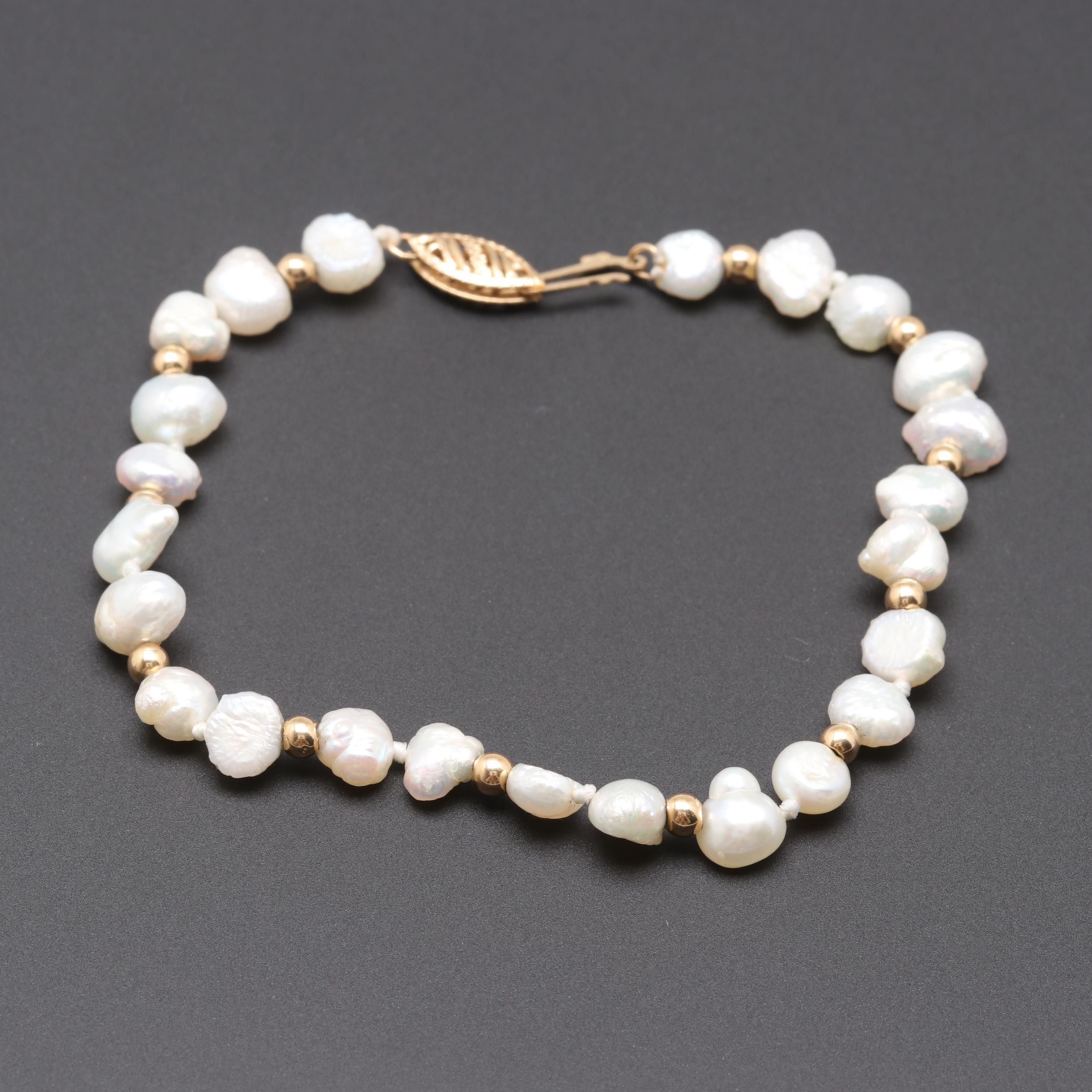 14K Yellow Gold Cultured Pearl Bracelet