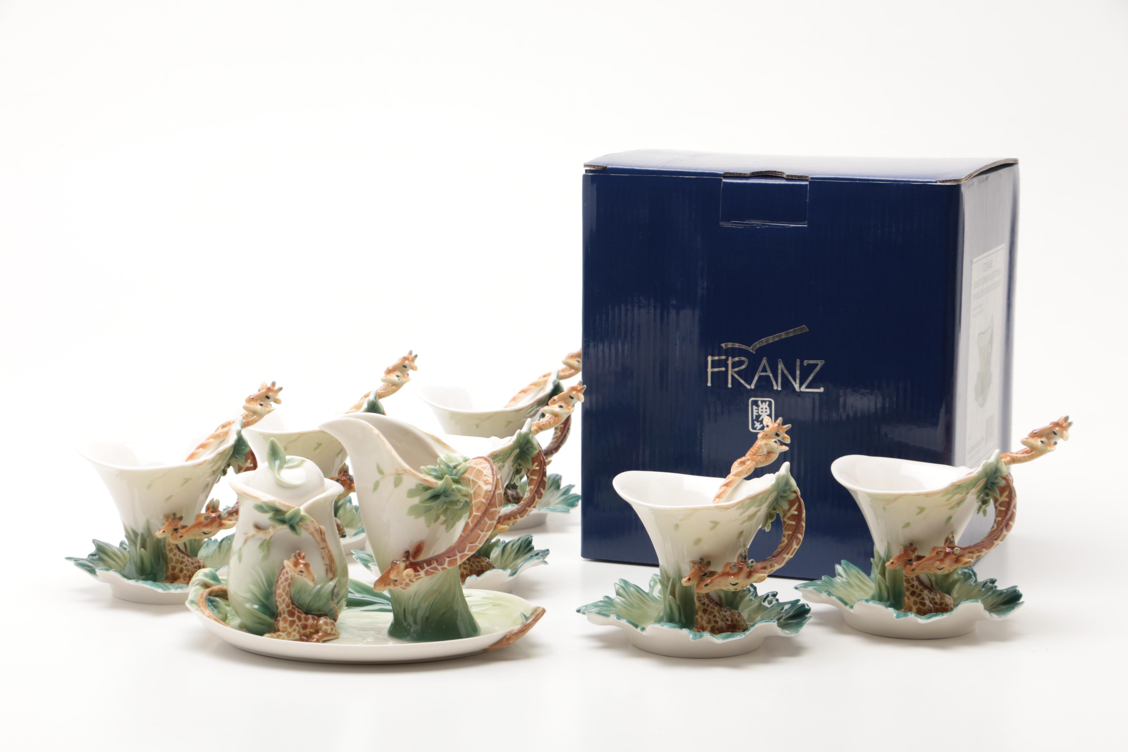 Franz "Giraffe" Porcelain Sculptured Cups And Saucers And Serving Pieces
