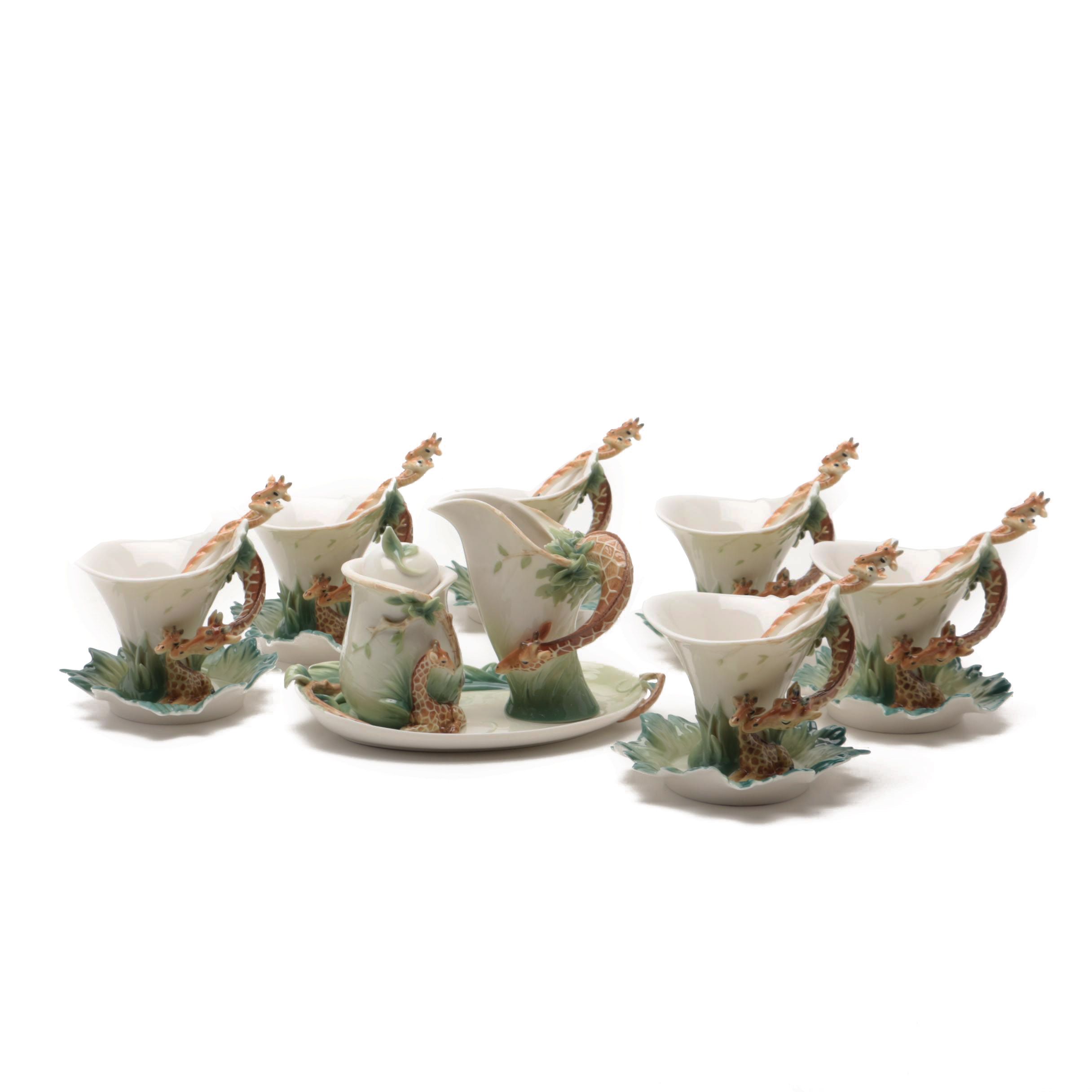 Franz "Giraffe" Porcelain Sculptured Cups And Saucers And Serving Pieces