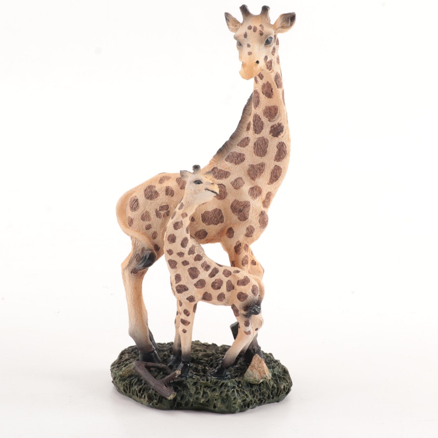 Hand-Painted Cast Resin Giraffe with Calf Figurine