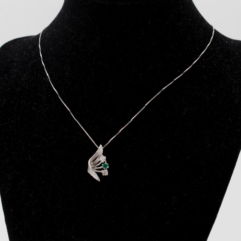 10K White Gold Necklace with 14K White Gold Emerald and Diamond Pendant