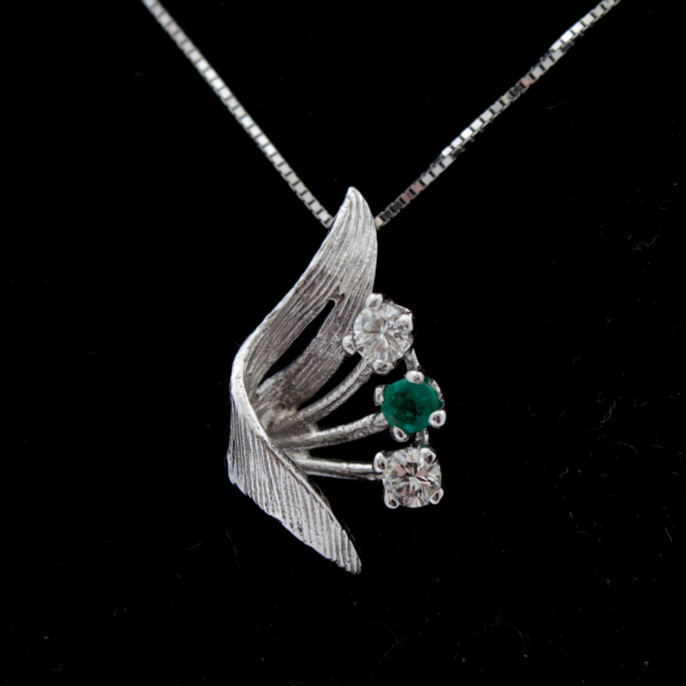 10K White Gold Necklace with 14K White Gold Emerald and Diamond Pendant
