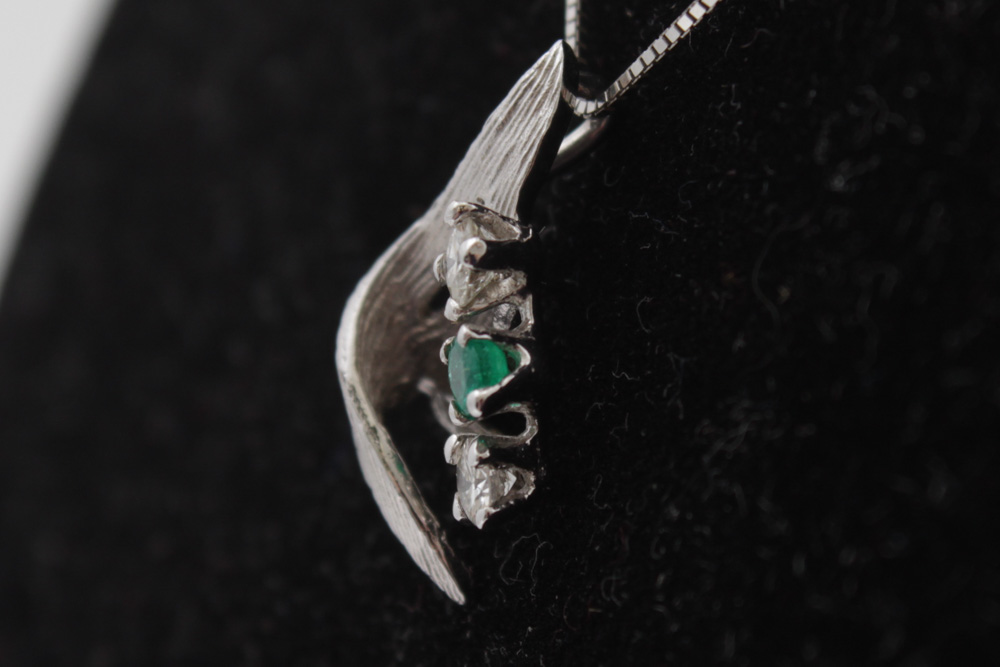 10K White Gold Necklace with 14K White Gold Emerald and Diamond Pendant