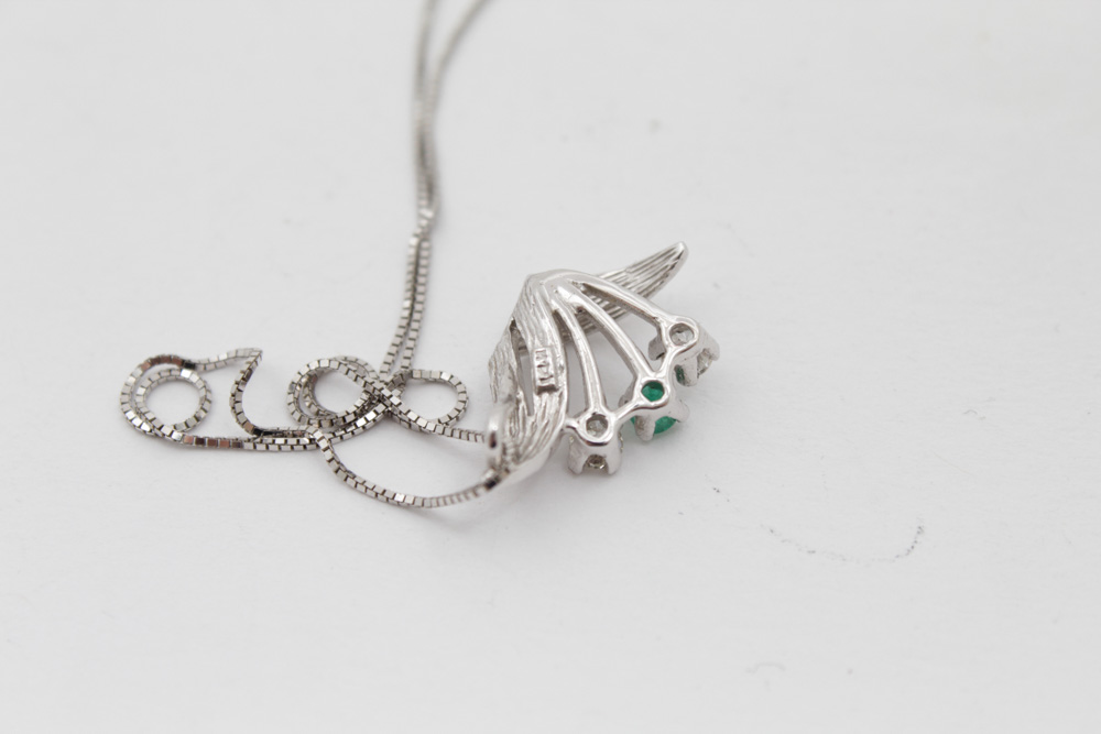 10K White Gold Necklace with 14K White Gold Emerald and Diamond Pendant