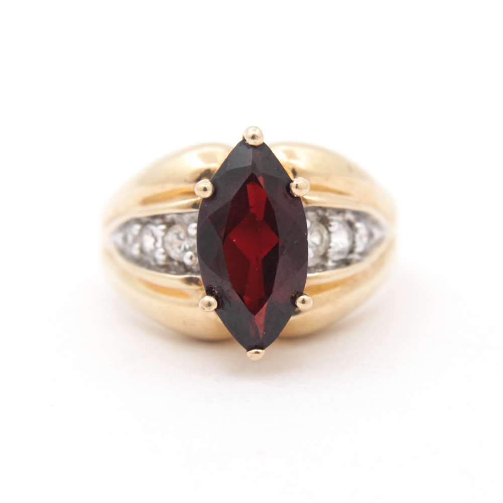 14K Yellow Gold Garnet and White Topaz Ring