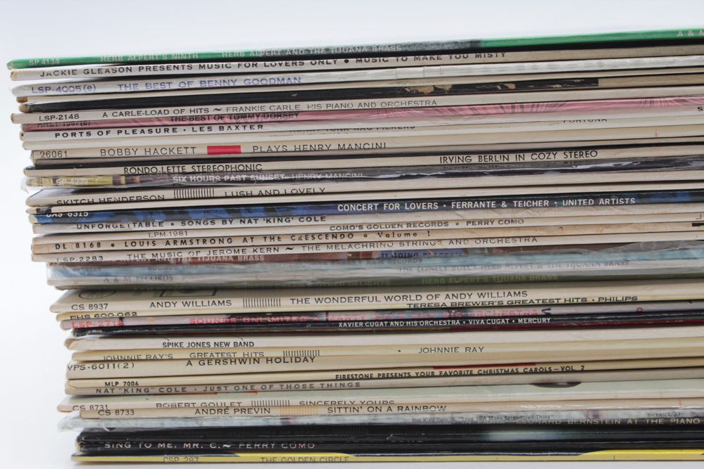 Assorted Vintage Records Featuring Nat King Cole and Louis Armstrong