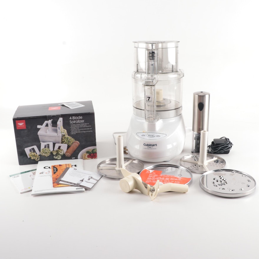 Cuisinart Food Processor with Paderno Spiralizer and Peugeot Electric Cork Screw