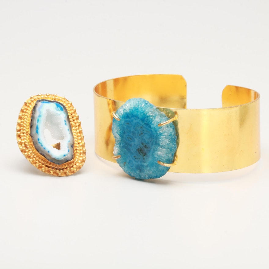 Gold Tone Jewelry with Dyed Blue Agate