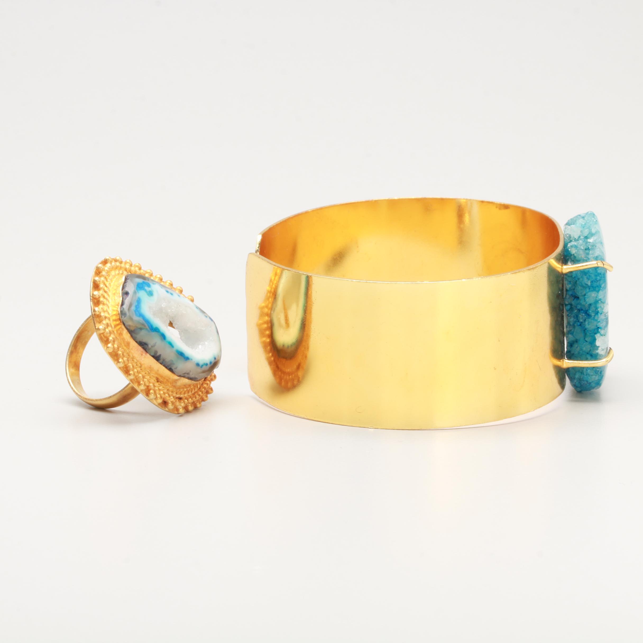 Gold Tone Jewelry with Dyed Blue Agate