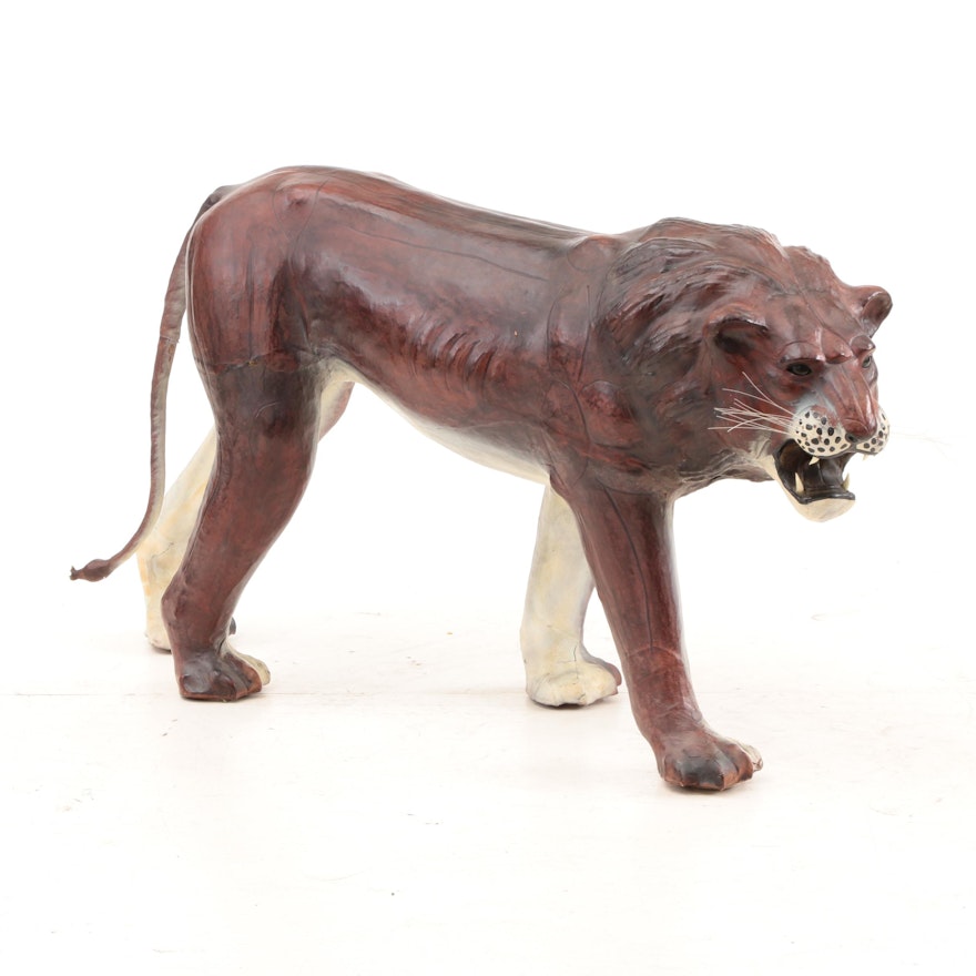 Large Leather Covered Lion Sculpture