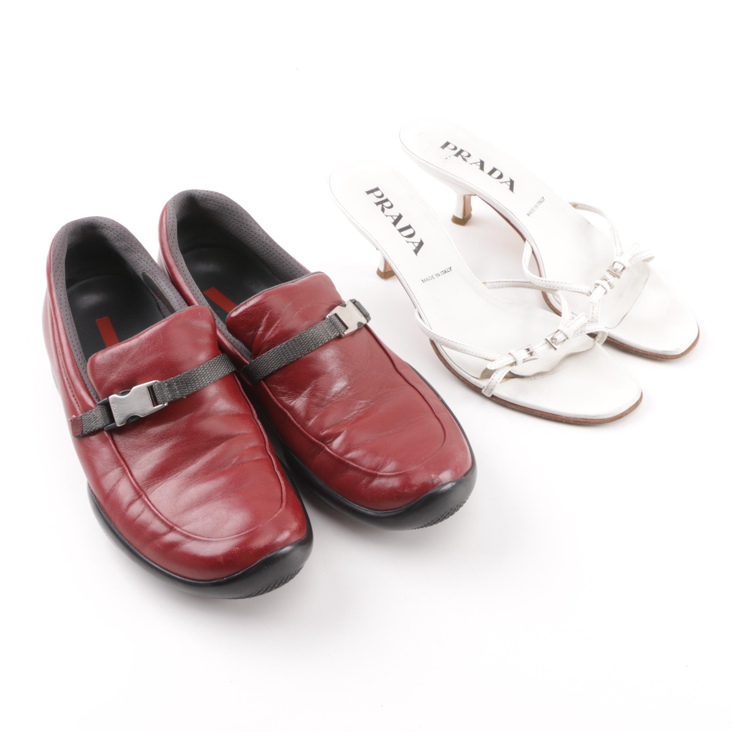 Prada White Leather Kitten Heel Sandals and Red Leather Loafers