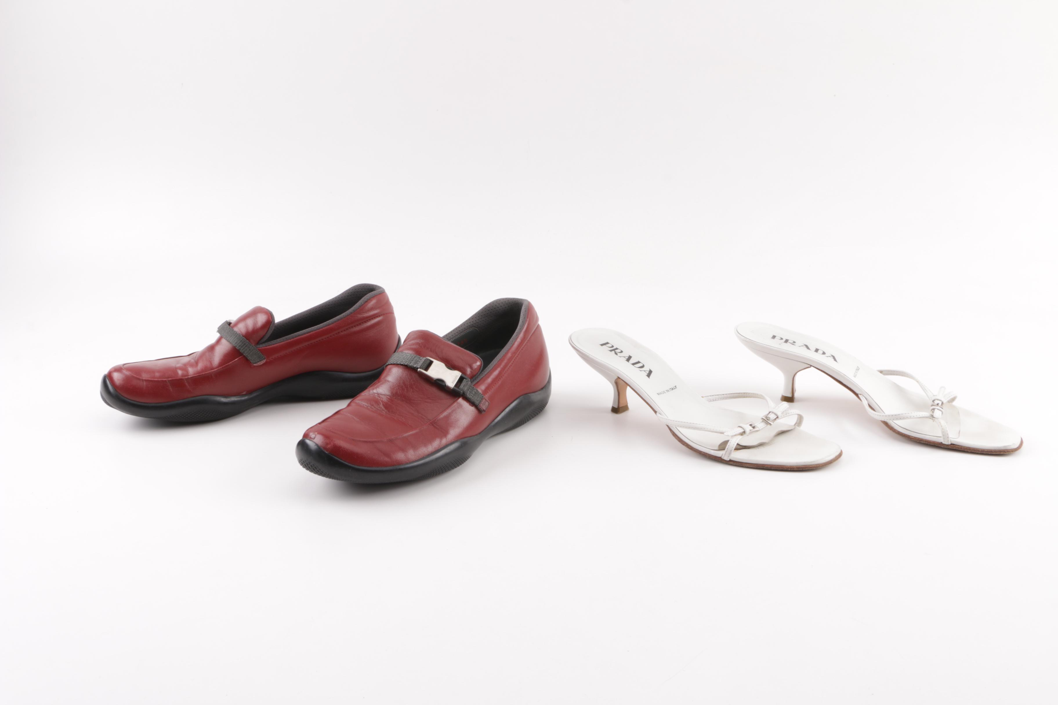 Prada White Leather Kitten Heel Sandals and Red Leather Loafers