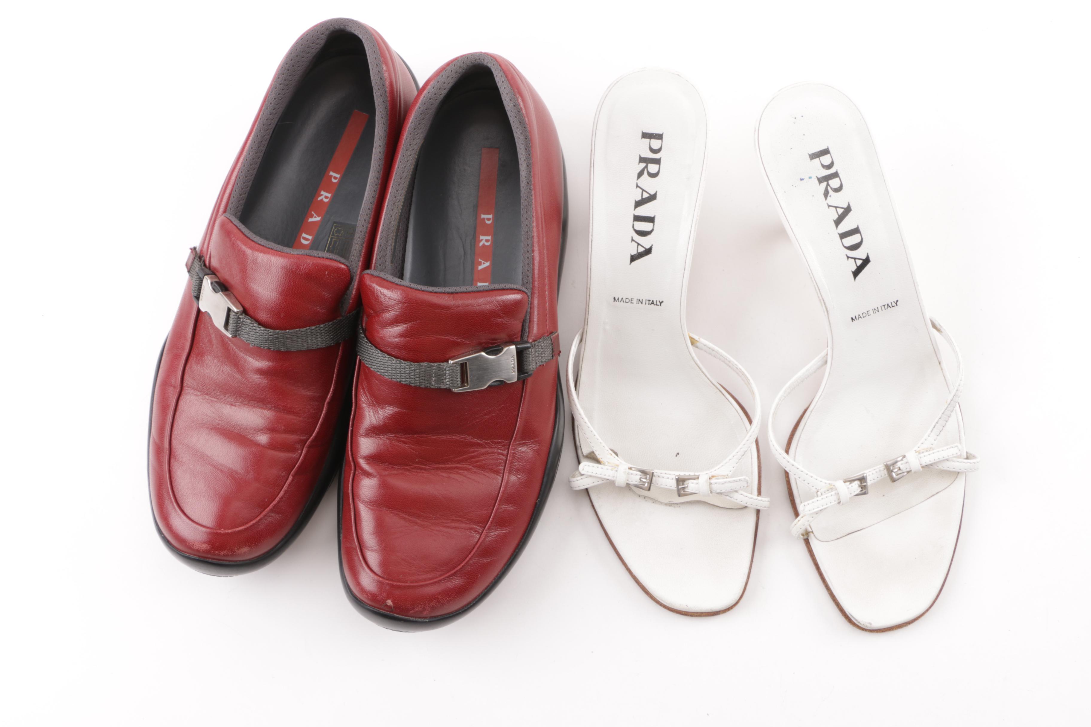 Prada White Leather Kitten Heel Sandals and Red Leather Loafers
