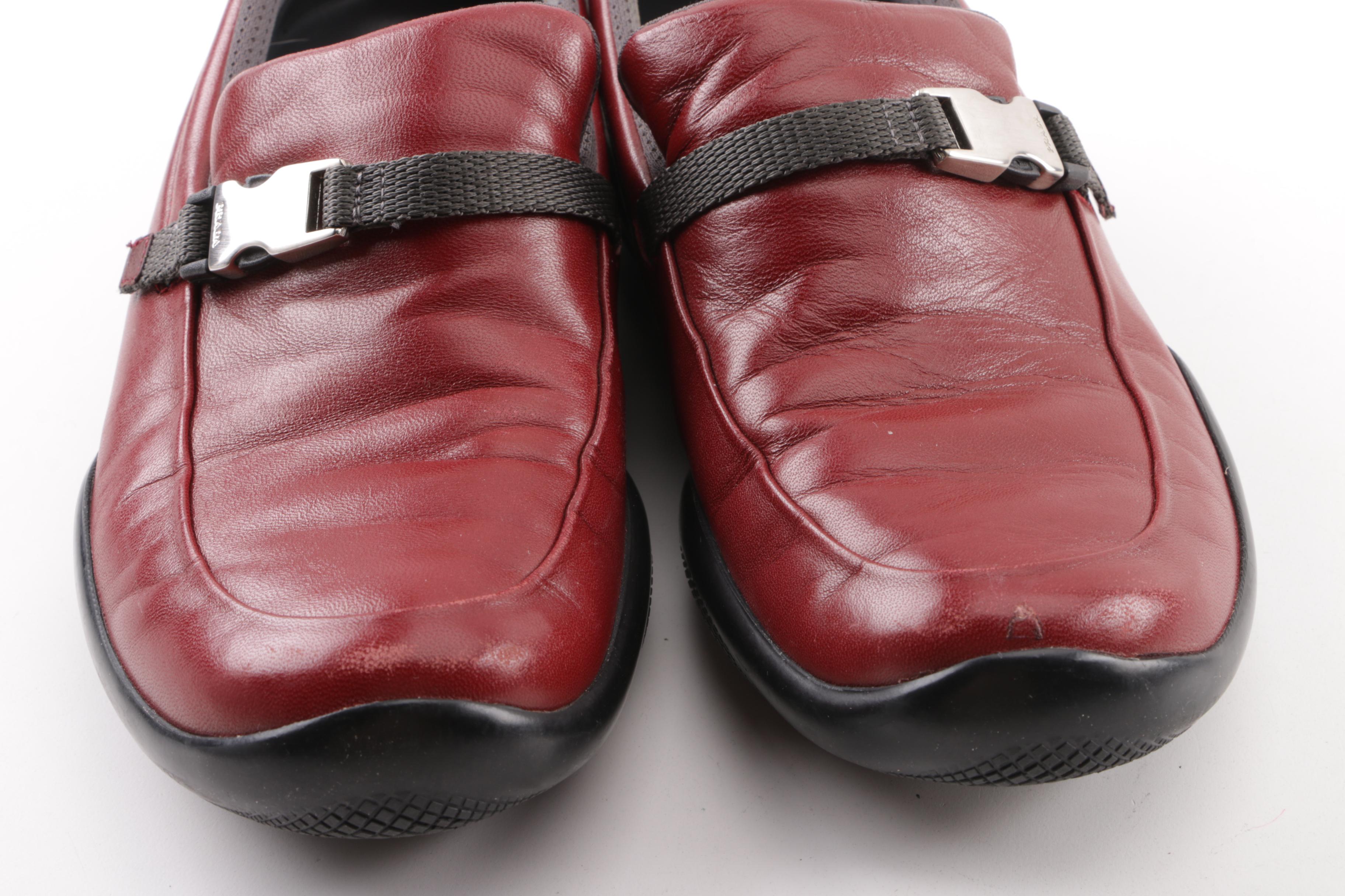 Prada White Leather Kitten Heel Sandals and Red Leather Loafers