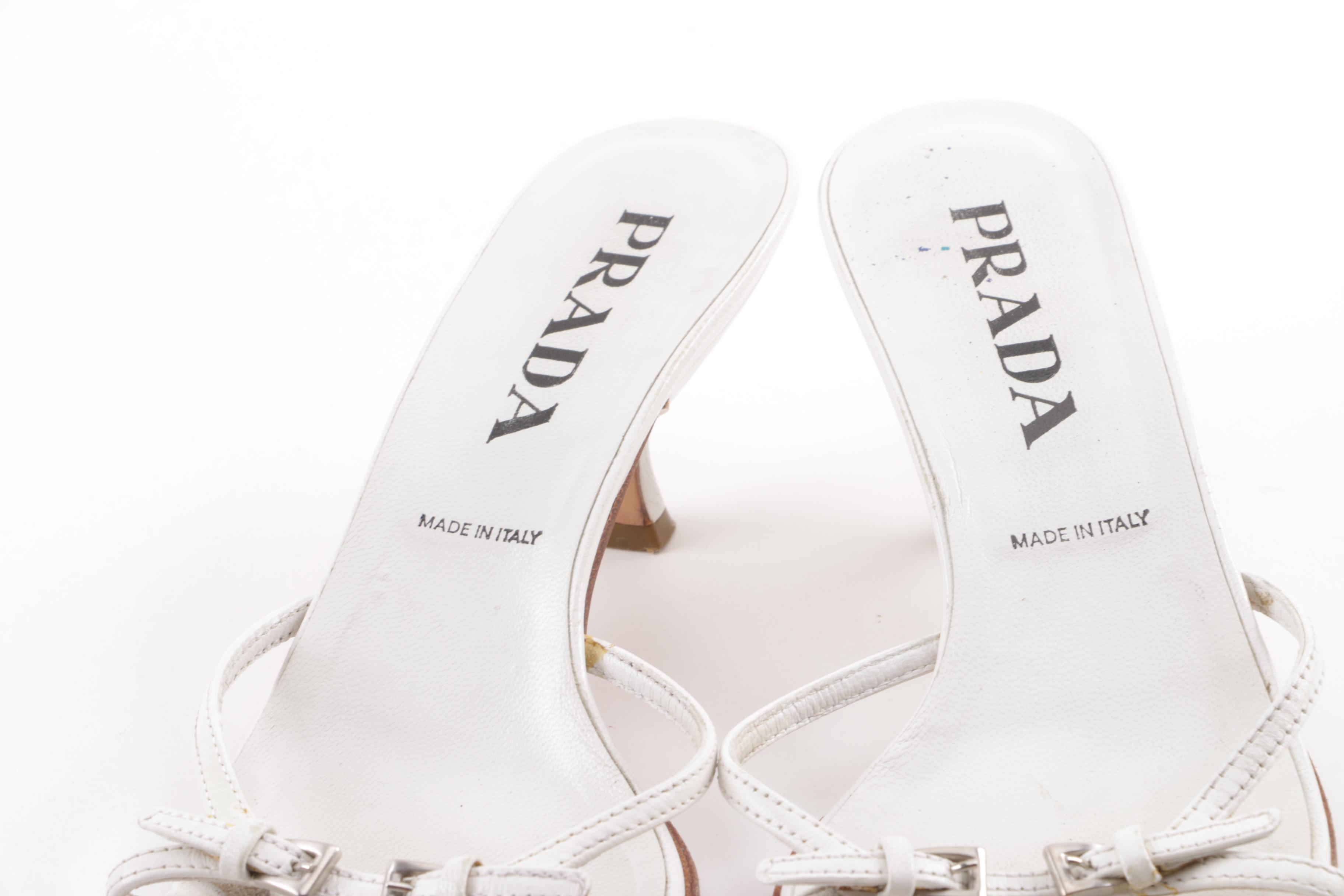 Prada White Leather Kitten Heel Sandals and Red Leather Loafers