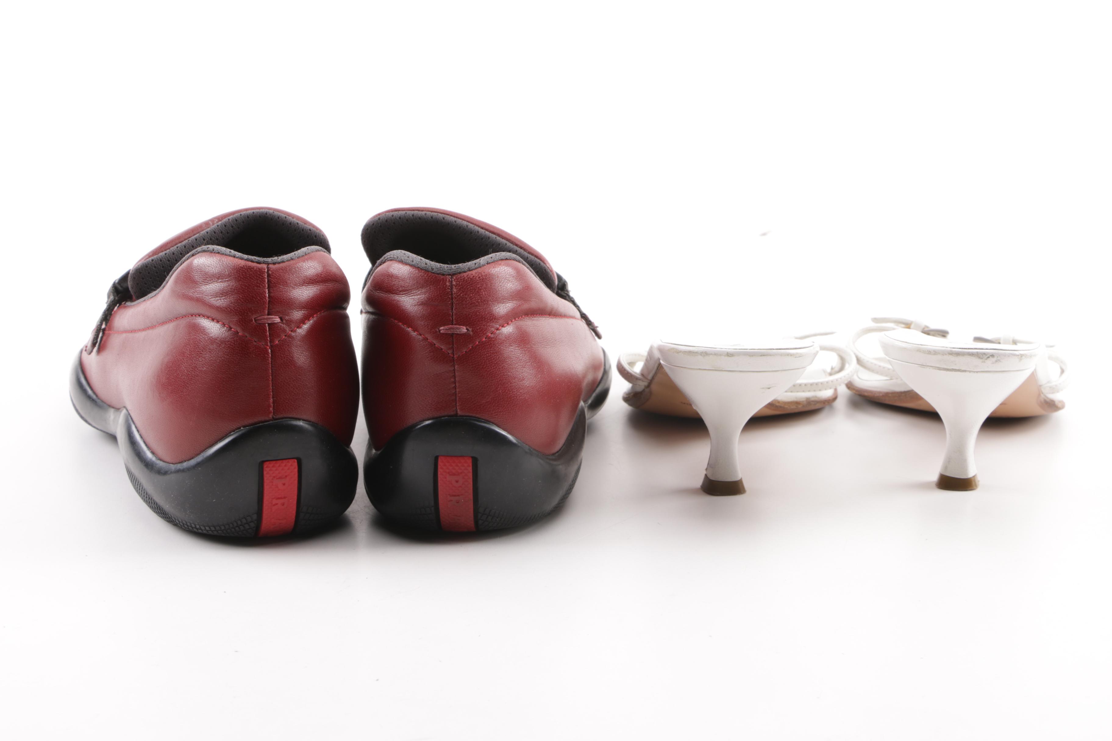 Prada White Leather Kitten Heel Sandals and Red Leather Loafers