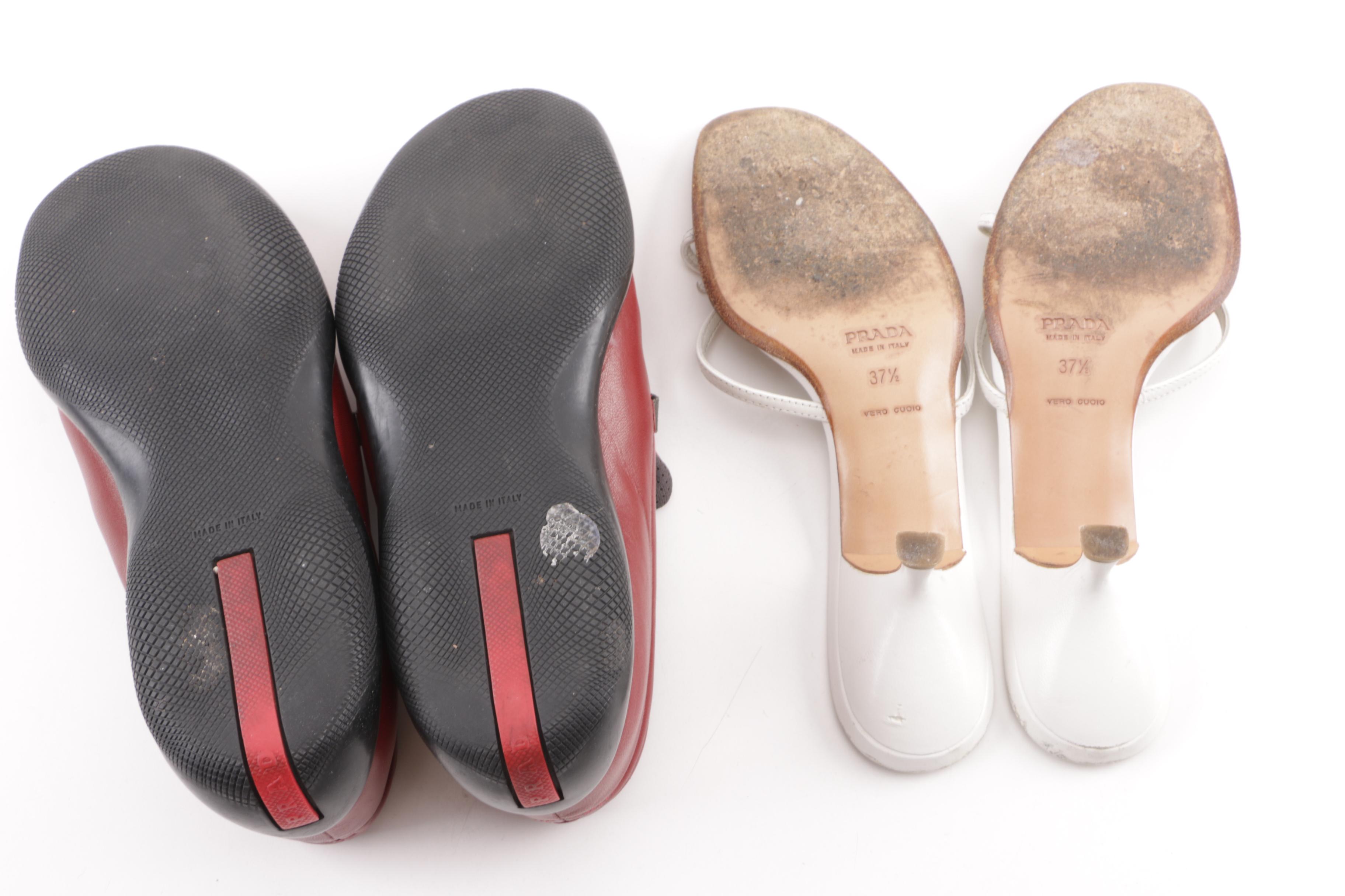 Prada White Leather Kitten Heel Sandals and Red Leather Loafers