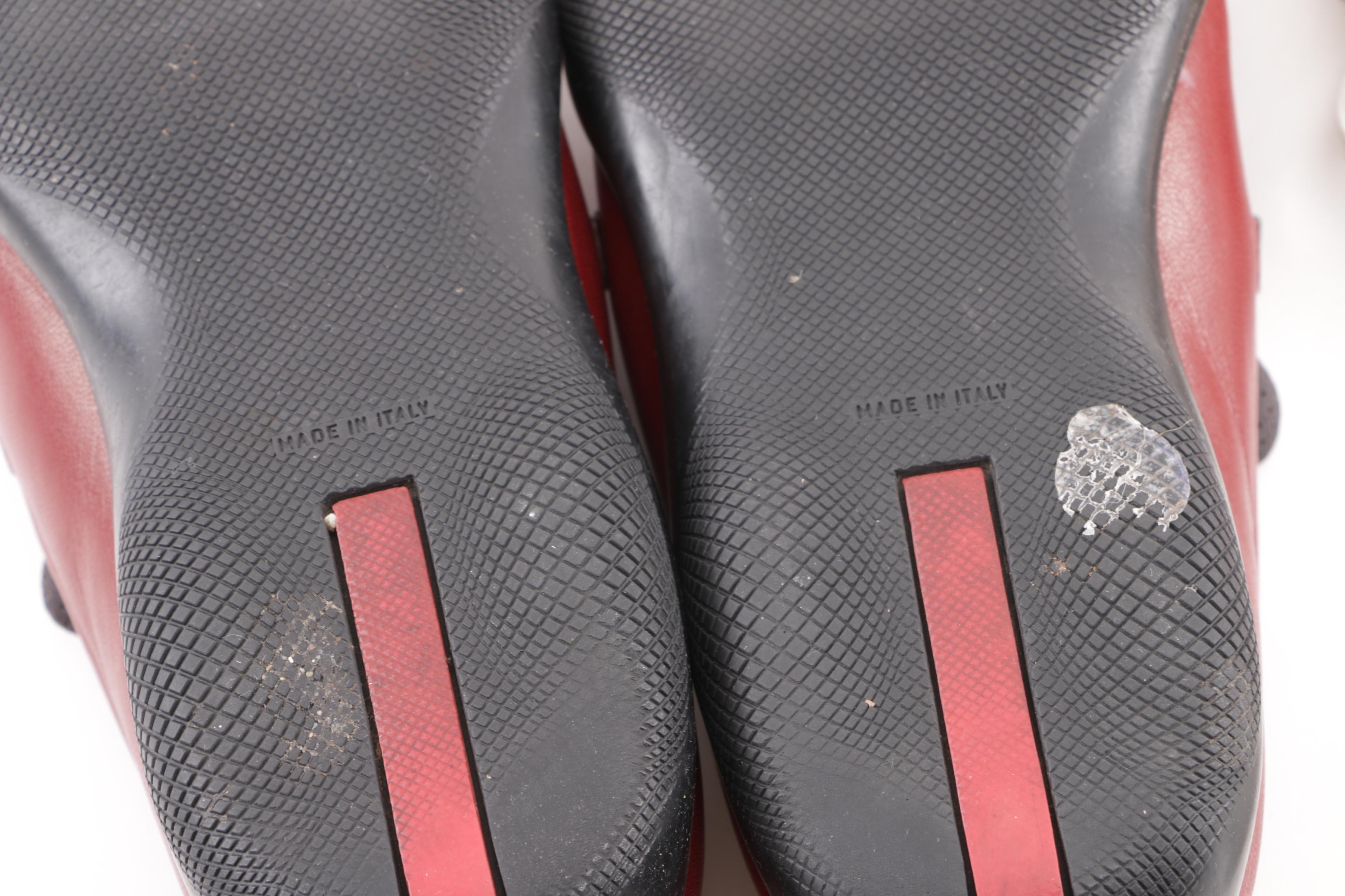 Prada White Leather Kitten Heel Sandals and Red Leather Loafers