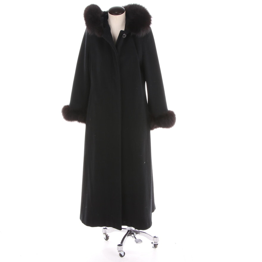 Vintage Marvin Richards Black Lambswool Full-Length Coat with Fox Fur Trim