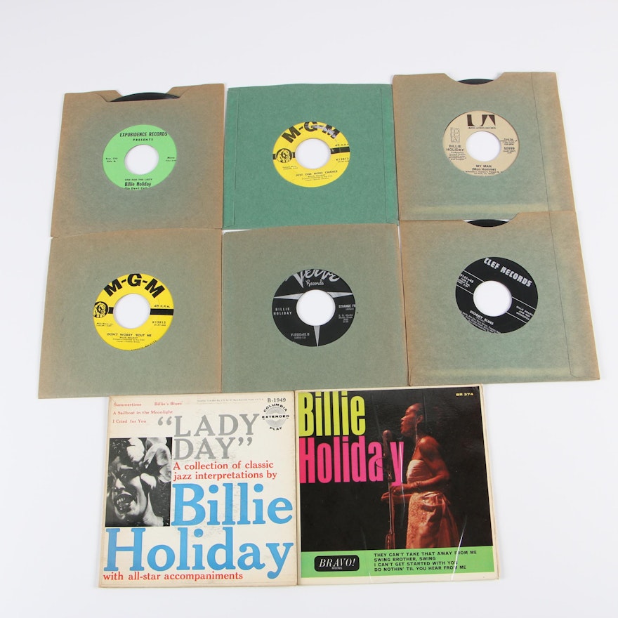 Billie Holiday 45 RPM Vinyl Records including "Strange Fruit" and "My Man"