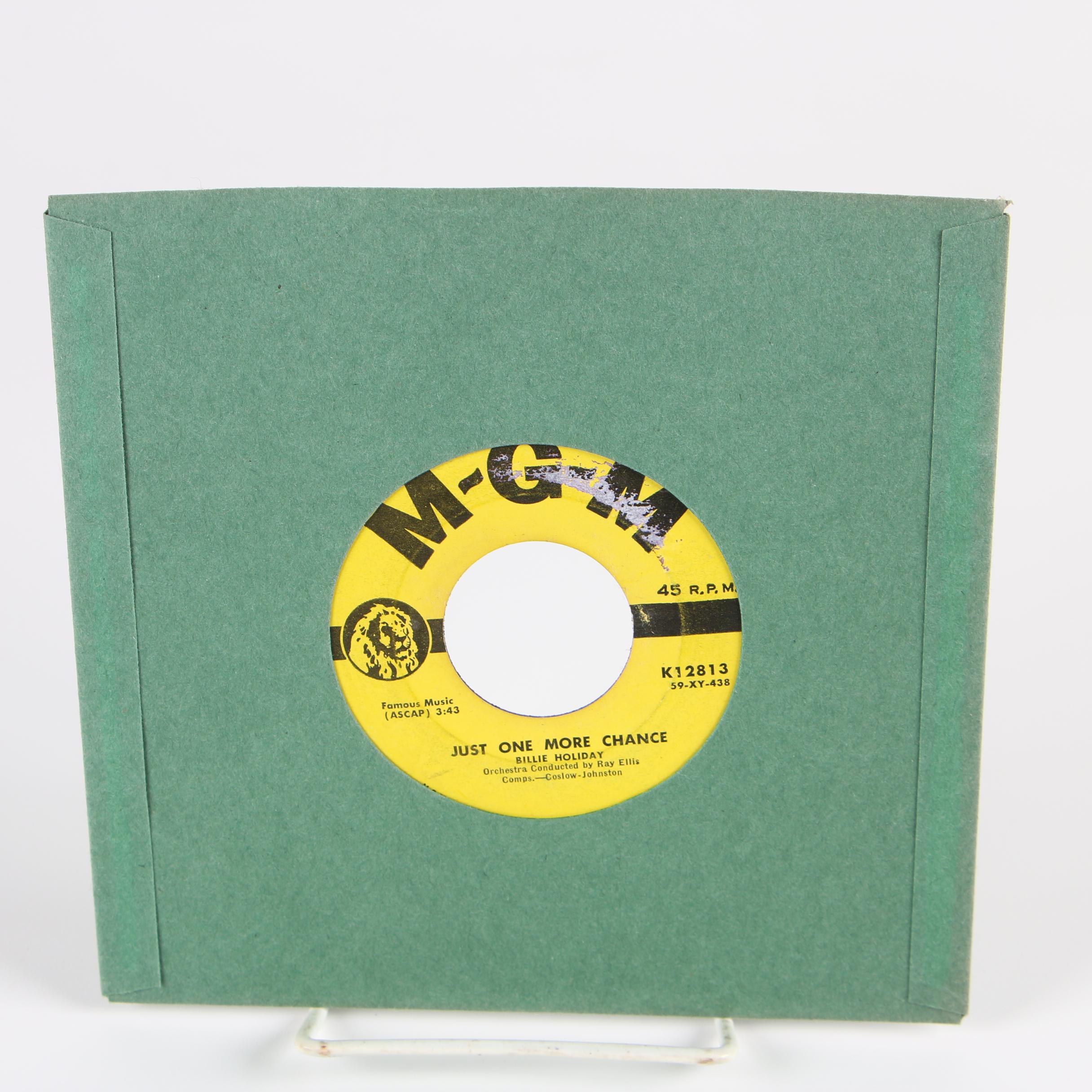 Billie Holiday 45 RPM Vinyl Records including "Strange Fruit" and "My Man"