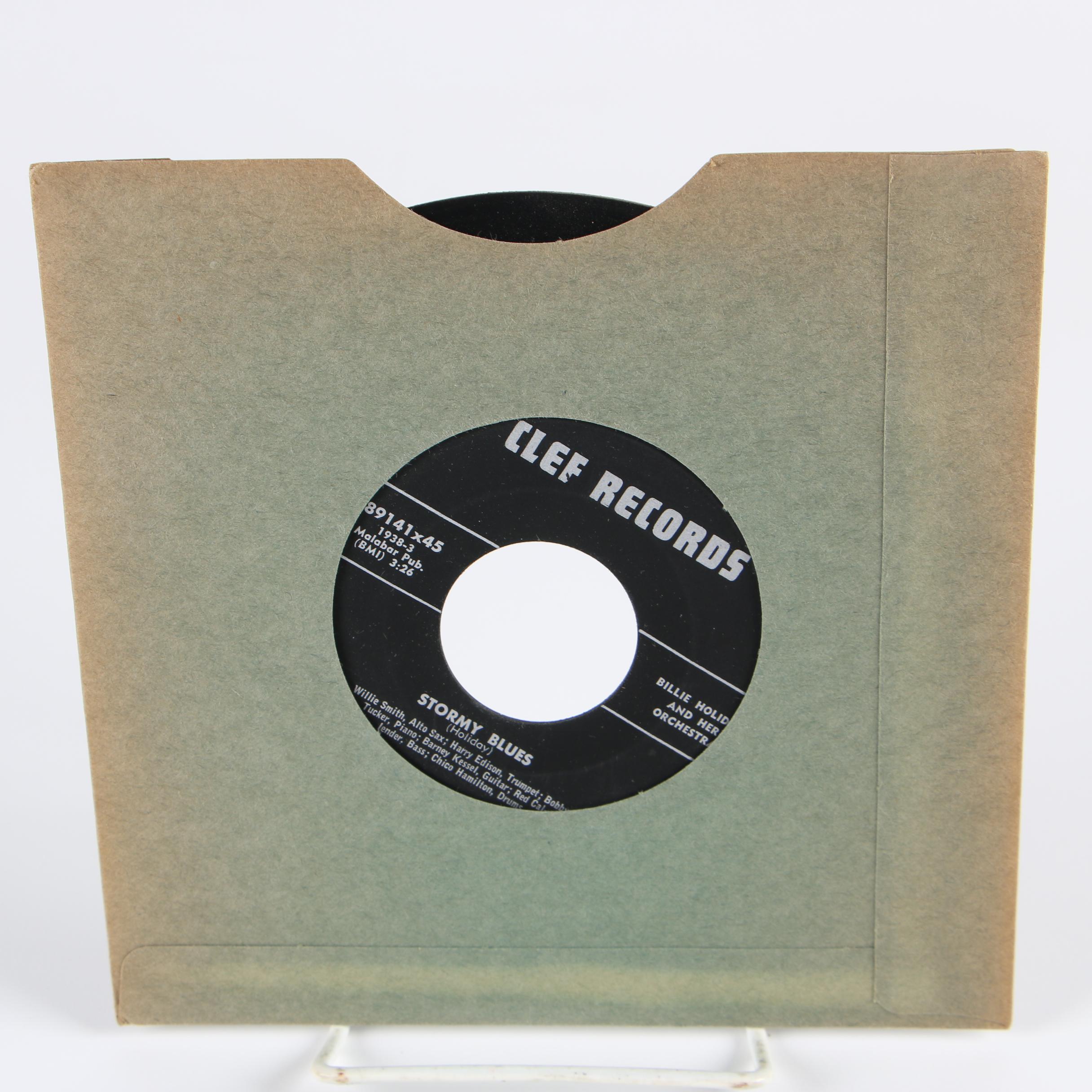 Billie Holiday 45 RPM Vinyl Records including "Strange Fruit" and "My Man"