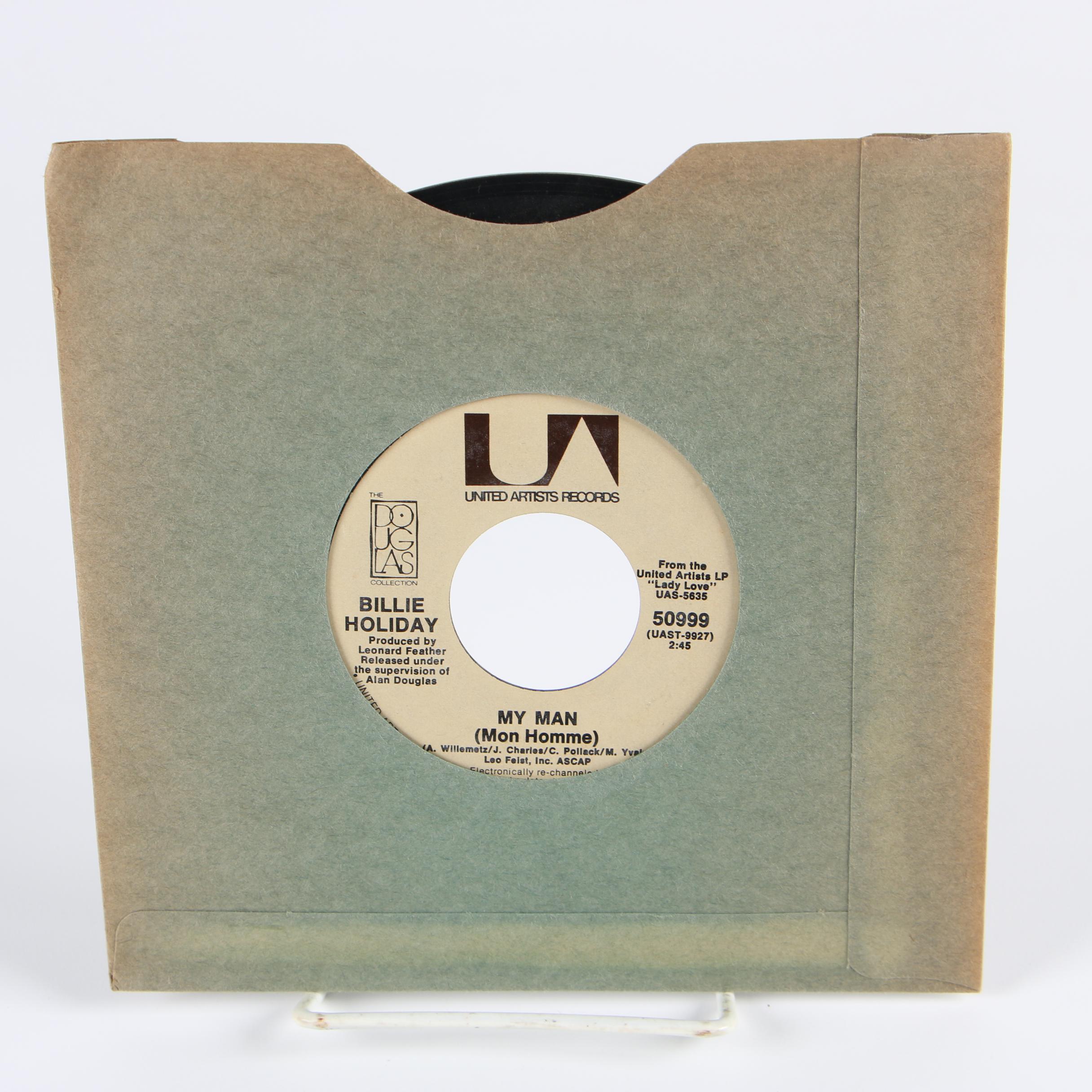 Billie Holiday 45 RPM Vinyl Records including "Strange Fruit" and "My Man"