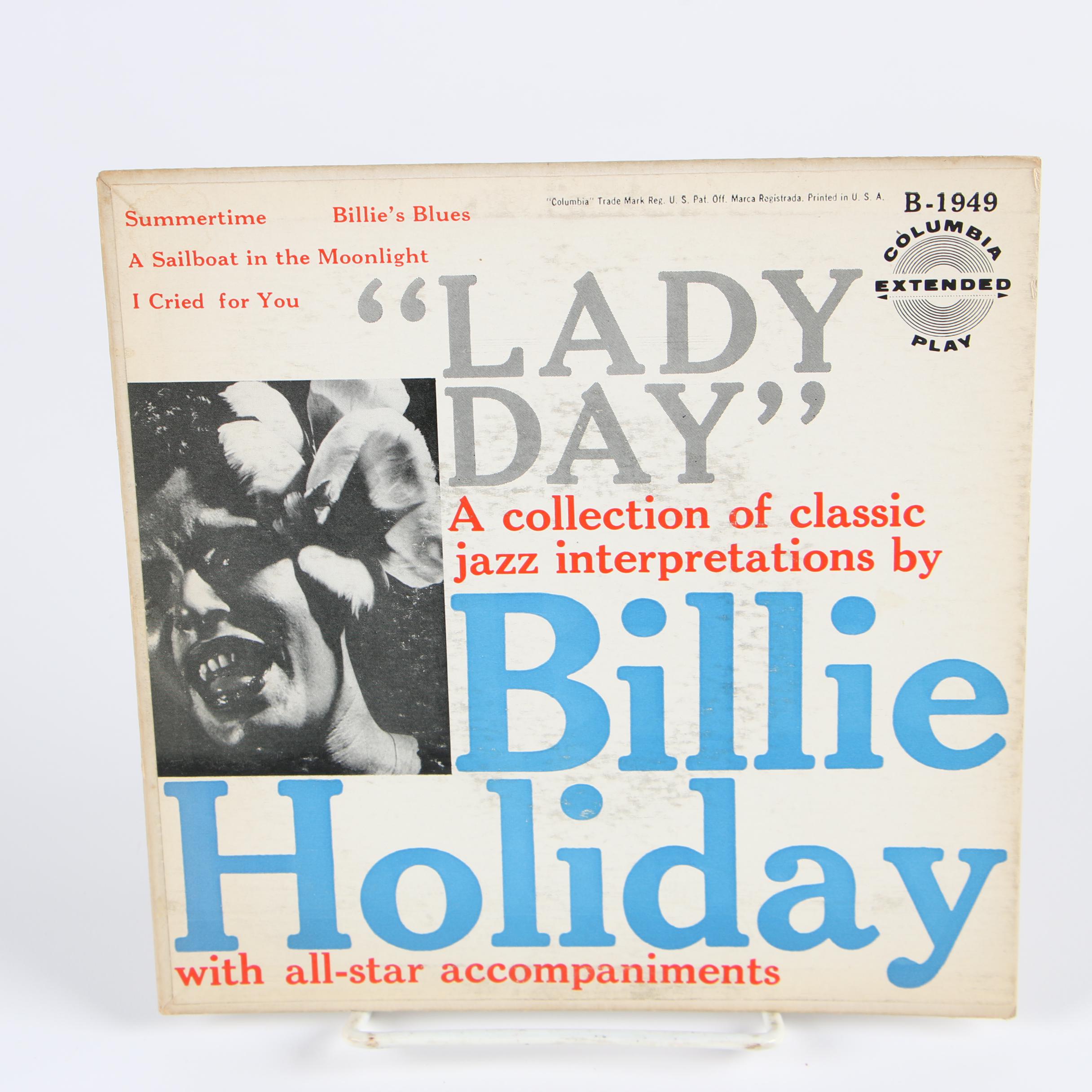 Billie Holiday 45 RPM Vinyl Records including "Strange Fruit" and "My Man"