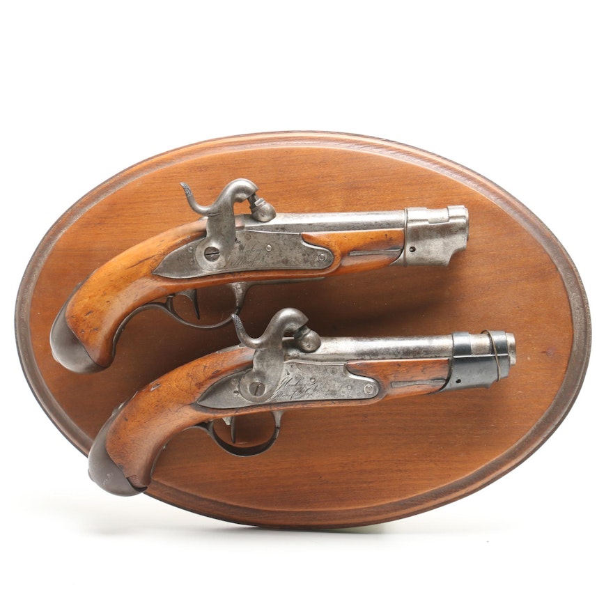 Pair of Antique Caplock Pistols Mounted on Plaque