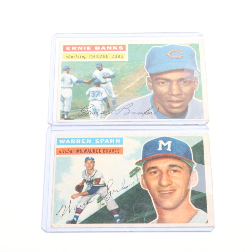 1956 (HOF) Ernie Banks and (HOF) Warren Spahn Topps Baseball Cards