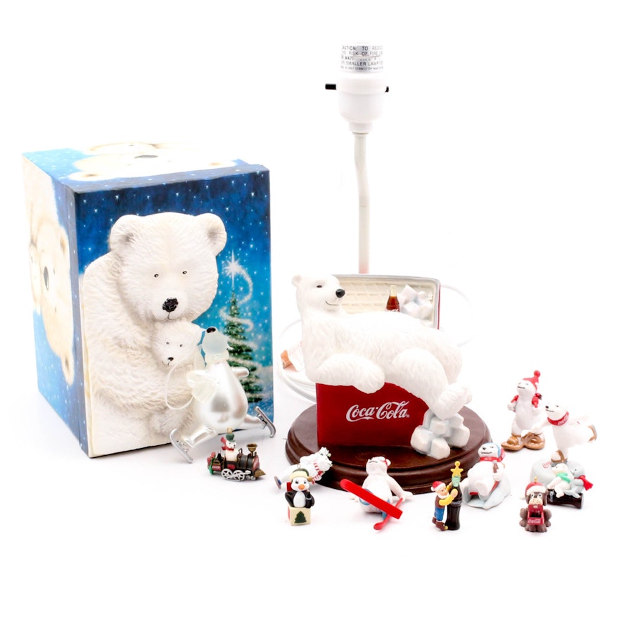Coca Cola Polar Bear Themed Desk Lamp and Collectibles