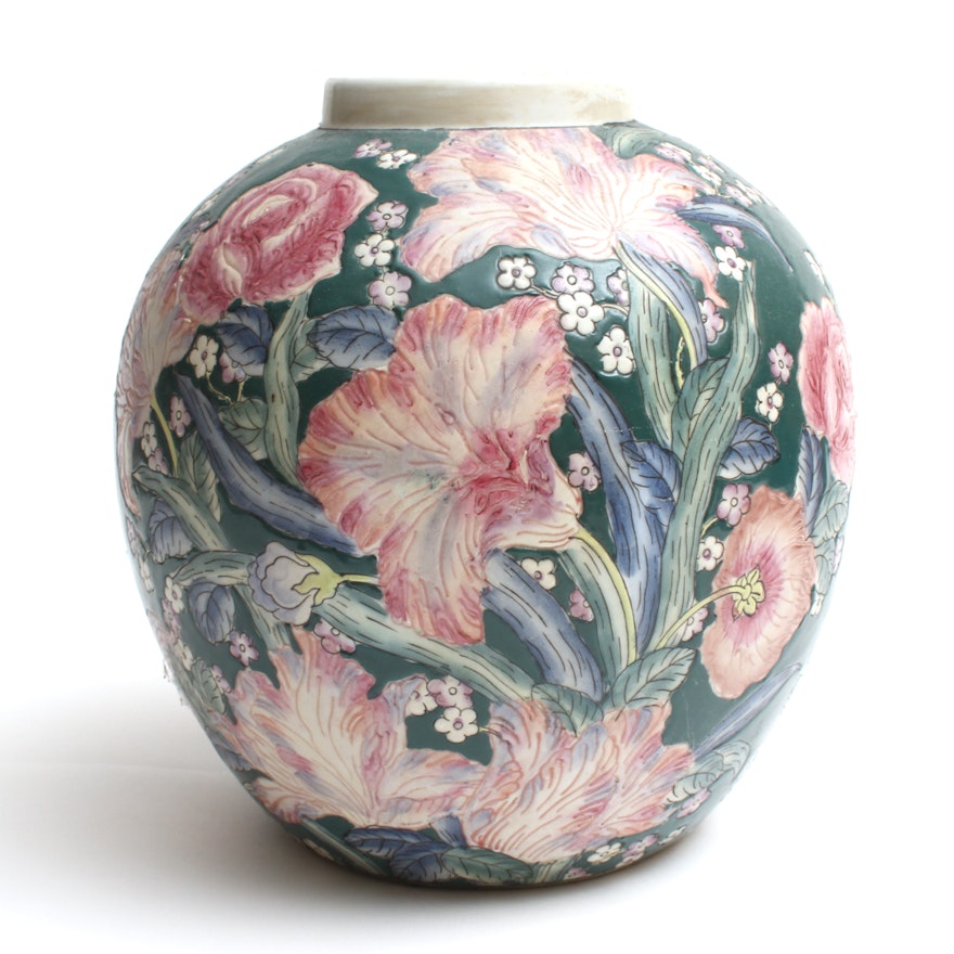 Vintage Hand-Painted Chinese Vase with Floral Motif