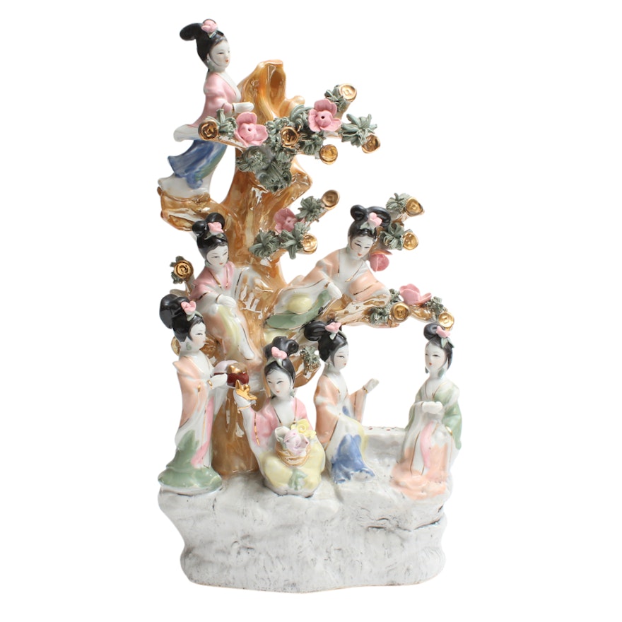 Chinese Hand-Painted Porcelain Figurine of Women in a Flowering Tree