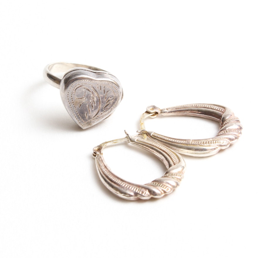 Sterling Silver Locket Ring and Hoop Earrings