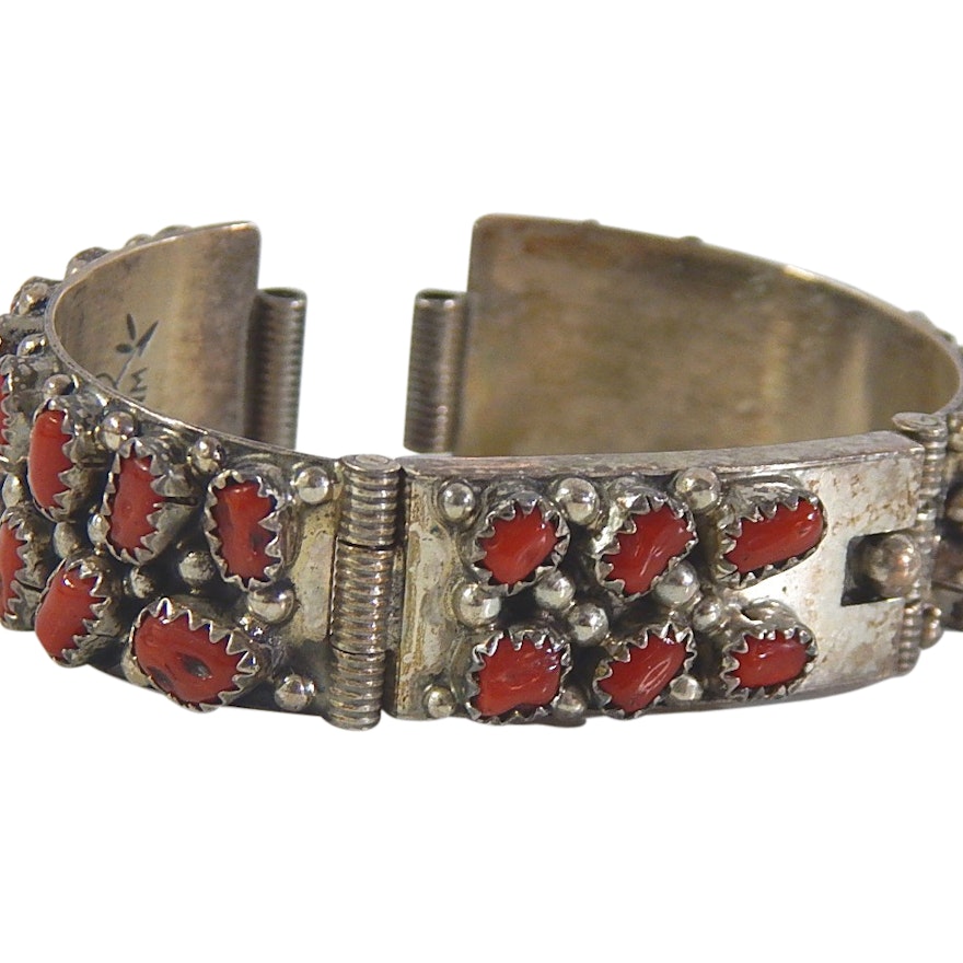 Wilford Nez Navajo Diné Sterling Silver Red Coral Watch Band