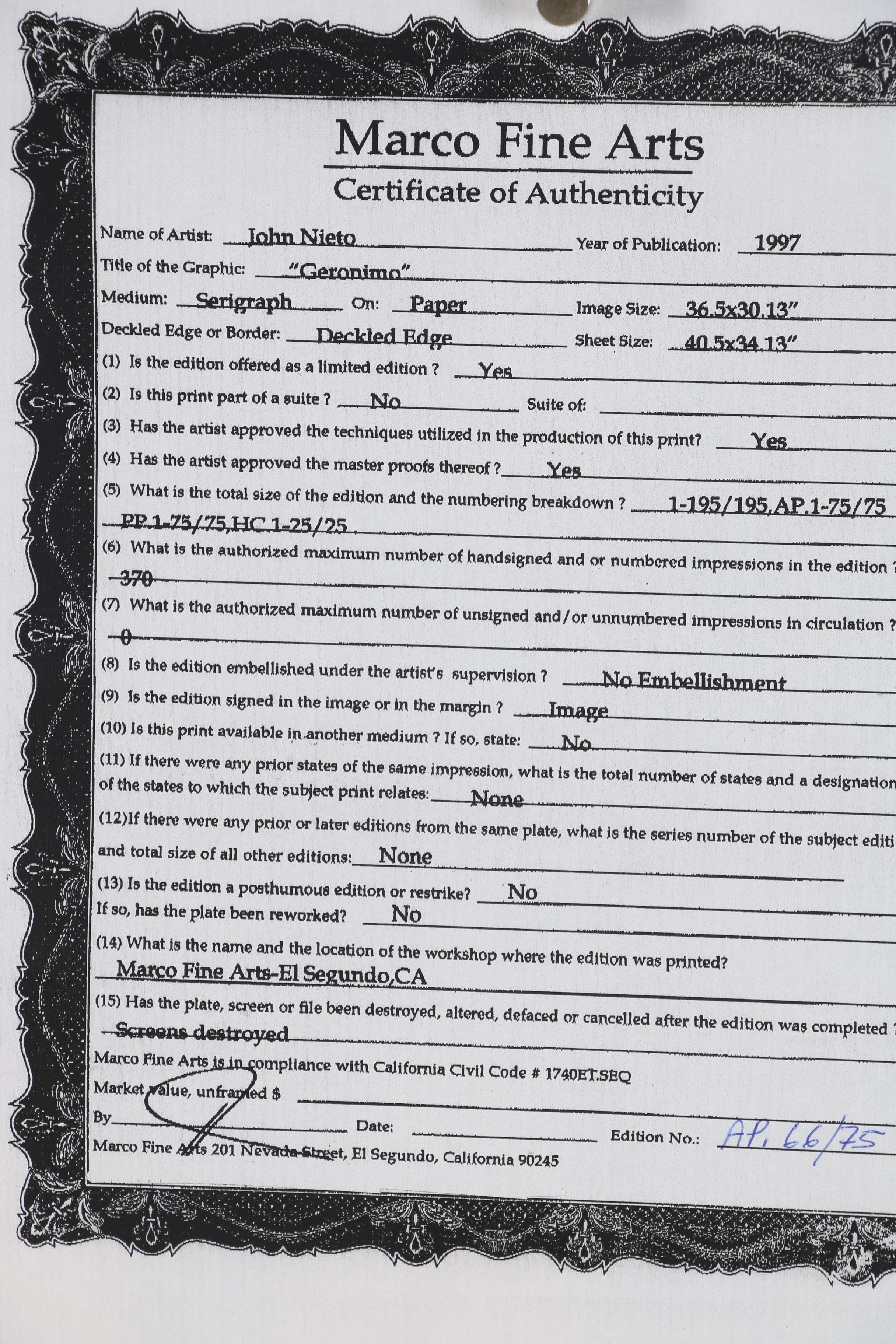 John Nieto Serigraph "Geronimo"