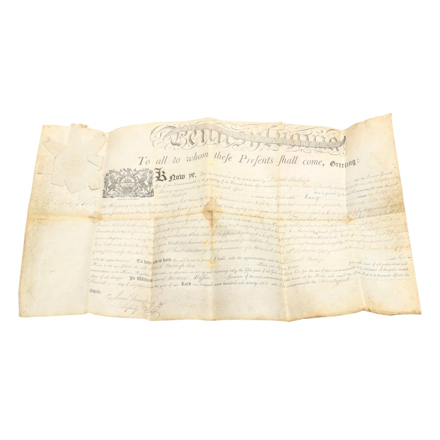 1792 F&R Bailey Print of Allegheny County Land Warrant