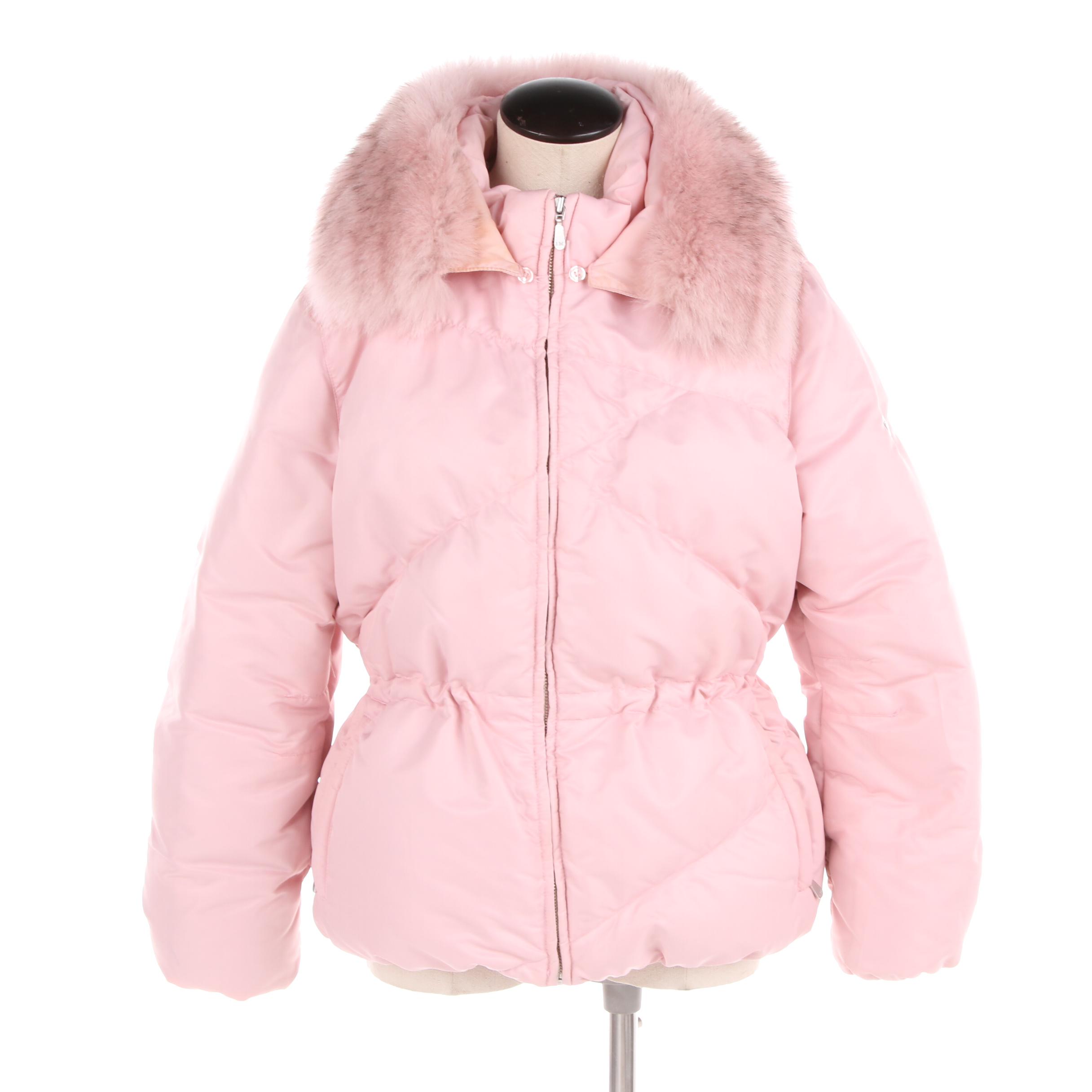 Women's 1 Madison Pink Puffer Coat with Removable Fox Fur Collar