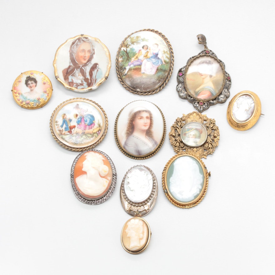 Vintage Portrait and Cameo Brooches Featuring Mother of Pearl and Shell
