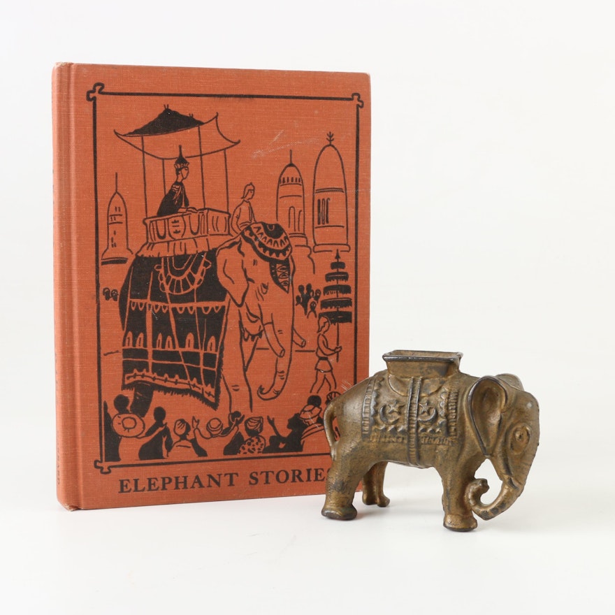 1956 "Elephant Stories" Children's Vocabulary Book and Elephant Coin Bank