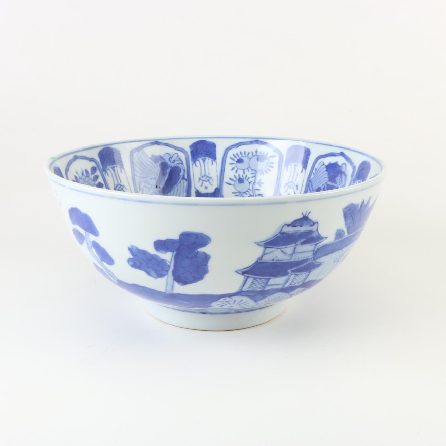 Contemporary Chinese Canton Style Blue and White Ceramic Centerpiece Bowl